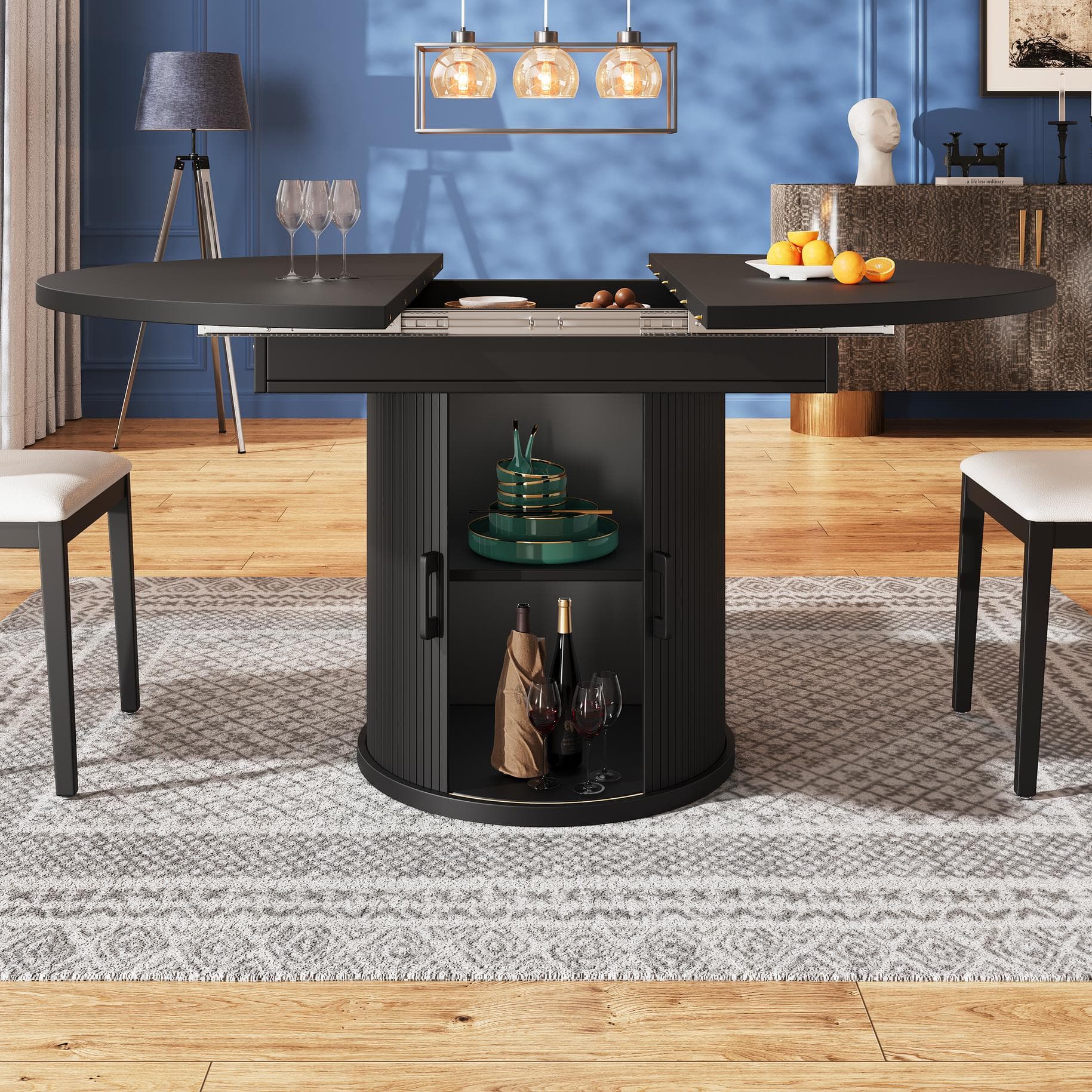 Extendable Dining Table with Curved Sliding Doors and 2 Shelves, Space-Saving Kichen Table for 6 People, 118L x 118W x 76H cm, Black | Aosom UK