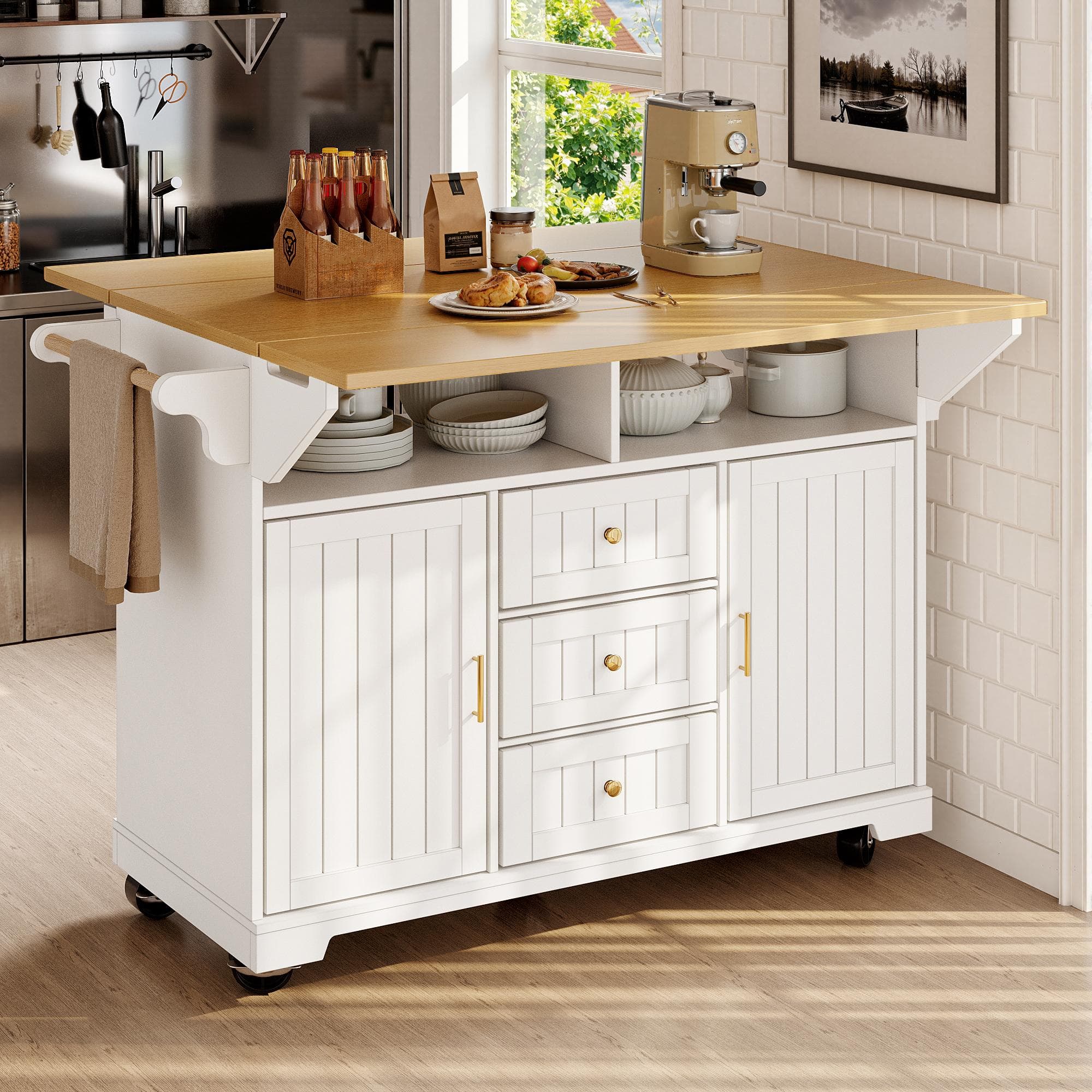 Extendable Kitchen Island with 3 Drawers, 2 Doors & Adjustable Shelves, Versatile Trolley for Dining, 120L x 40-80W x 95H cm, White | Aosom UK