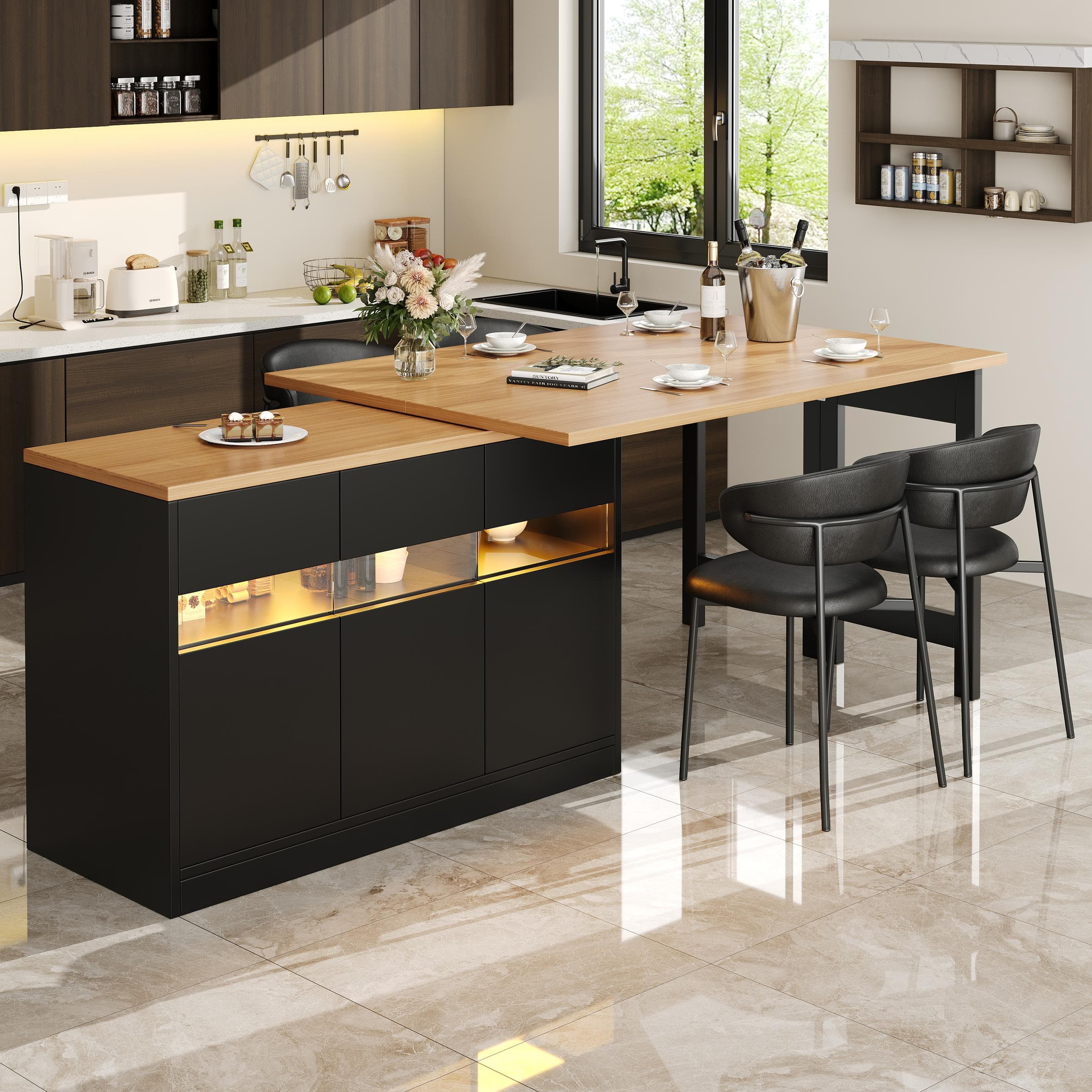 Extendable Bar Table with App-Controlled LED Lighting, Modern Kitchen Island with 360° Swivel Function, 120-180L x 40W x 71.5H cm, Black | Aosom UK