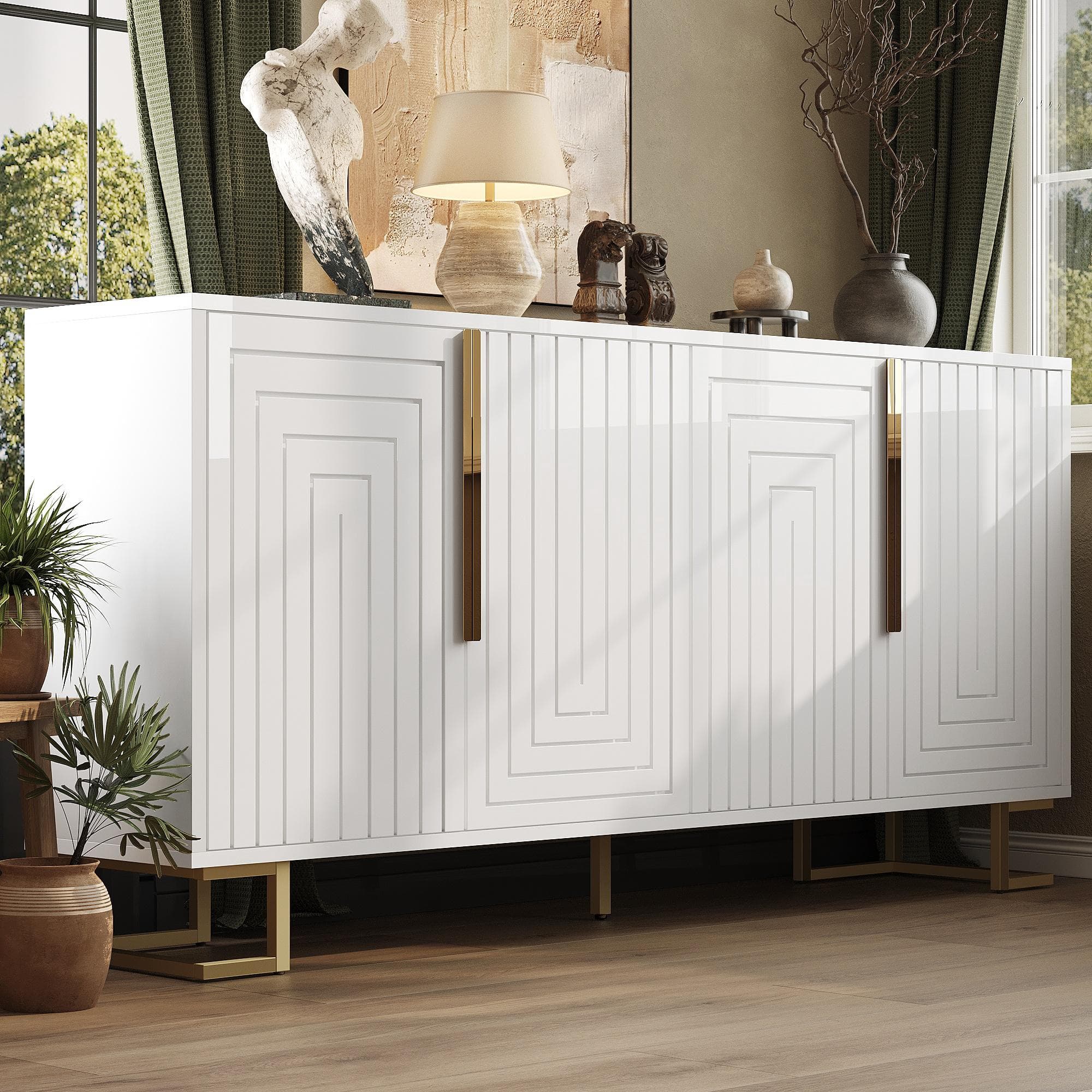 Stylish Sideboard with 2 Doors, 4 Shelves and Geometric Door Design, Durable Cabinet with Slim Metal Feet, 152L x 40W x 75H cm, White | Aosom UK