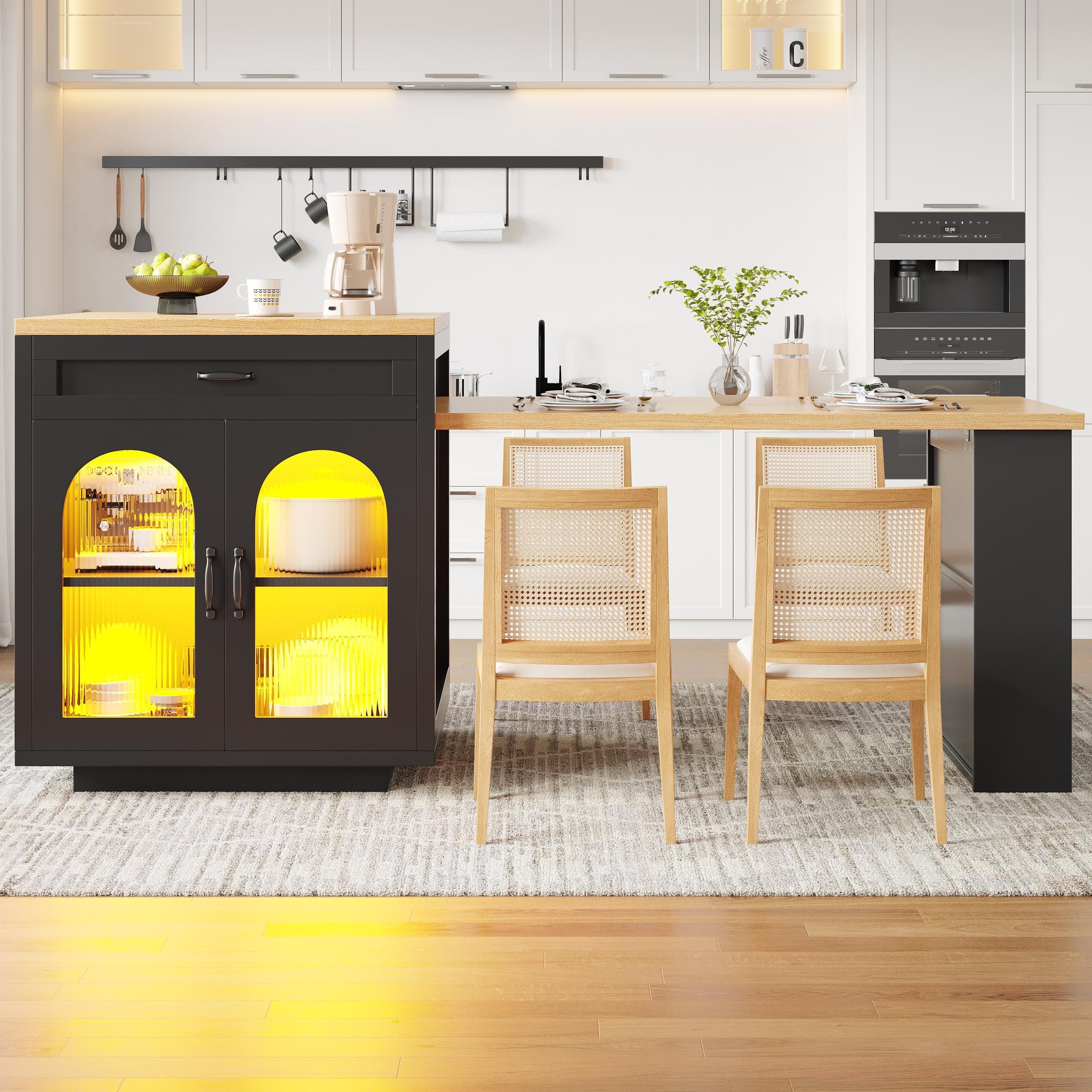 Extendable Kitchen Island with App-Controlled RGB LED Lighting, Versatile Cabinet for Dining or Preparation, 126-196L x 59W x 94H cm, Black | Aosom UK