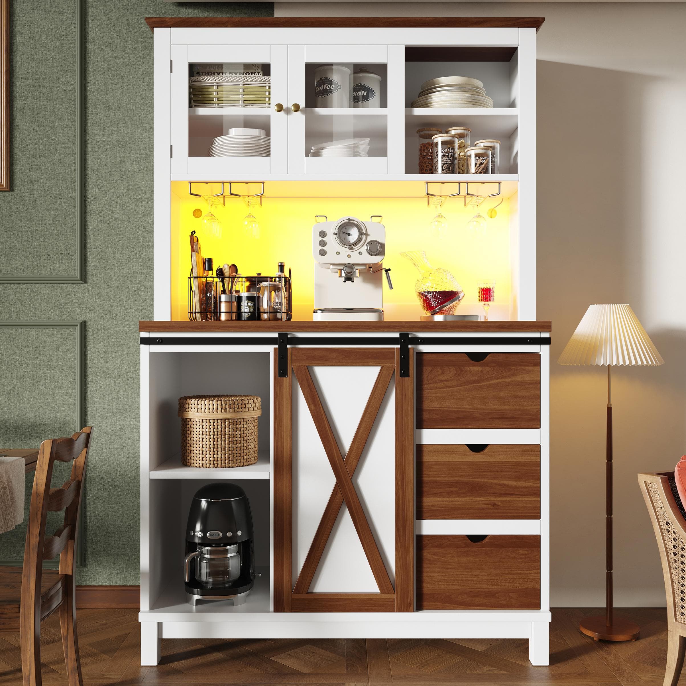 Modern Cabinet with App-Controlled RGB LED Lighting and Music Sync, Tall Sideboard with Adjustable Shelves, 104L x 40W x 180H cm, White | Aosom UK