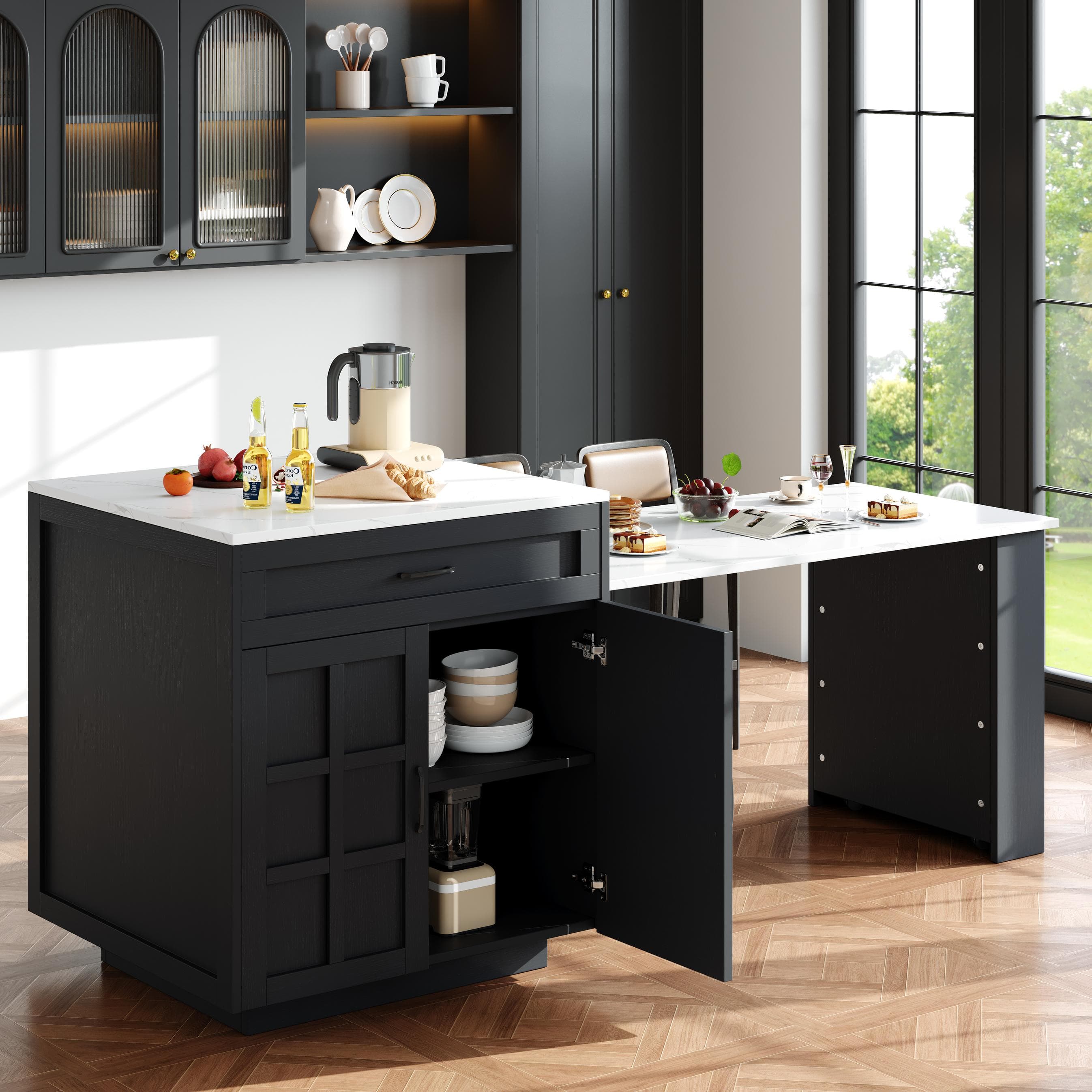 Extendable Bar Table with 2 Drawers and 4 Compartments, Expandable Kitchen Island for 2–6 People, 133-202L x 70W x 93.5H cm, Black | Aosom UK