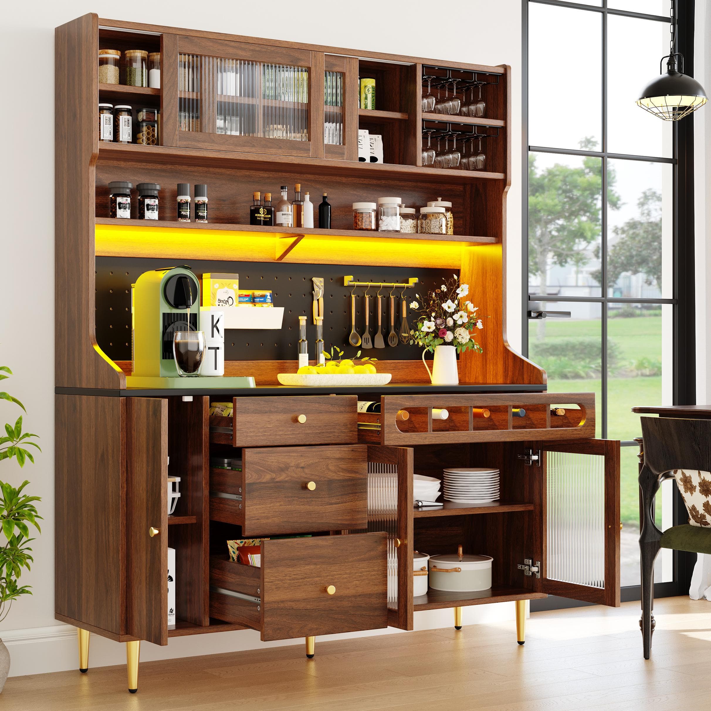 Stylish Highboard with LED Lighting & App Control, Freestanding Storage Cabinet with Adjustable Shelves, 145L x 39W x 171H cm, Walnut | Aosom UK