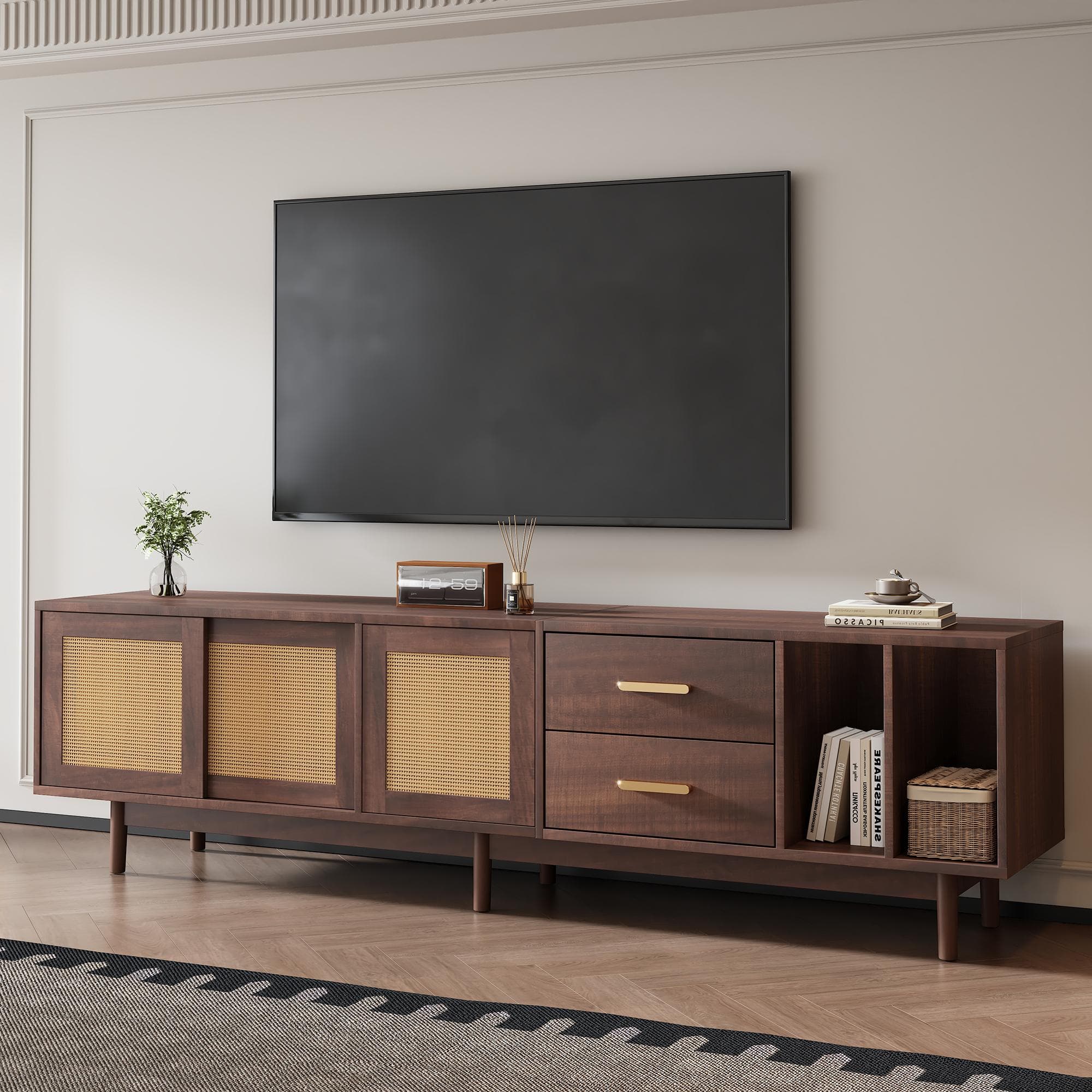 Stylish TV Stand Cabinet with Rattan Sliding Doors & 2 Drawers, Sturdy Media Console with Ample Storage, 190L x 40W x 52H cm, Wood | Aosom UK