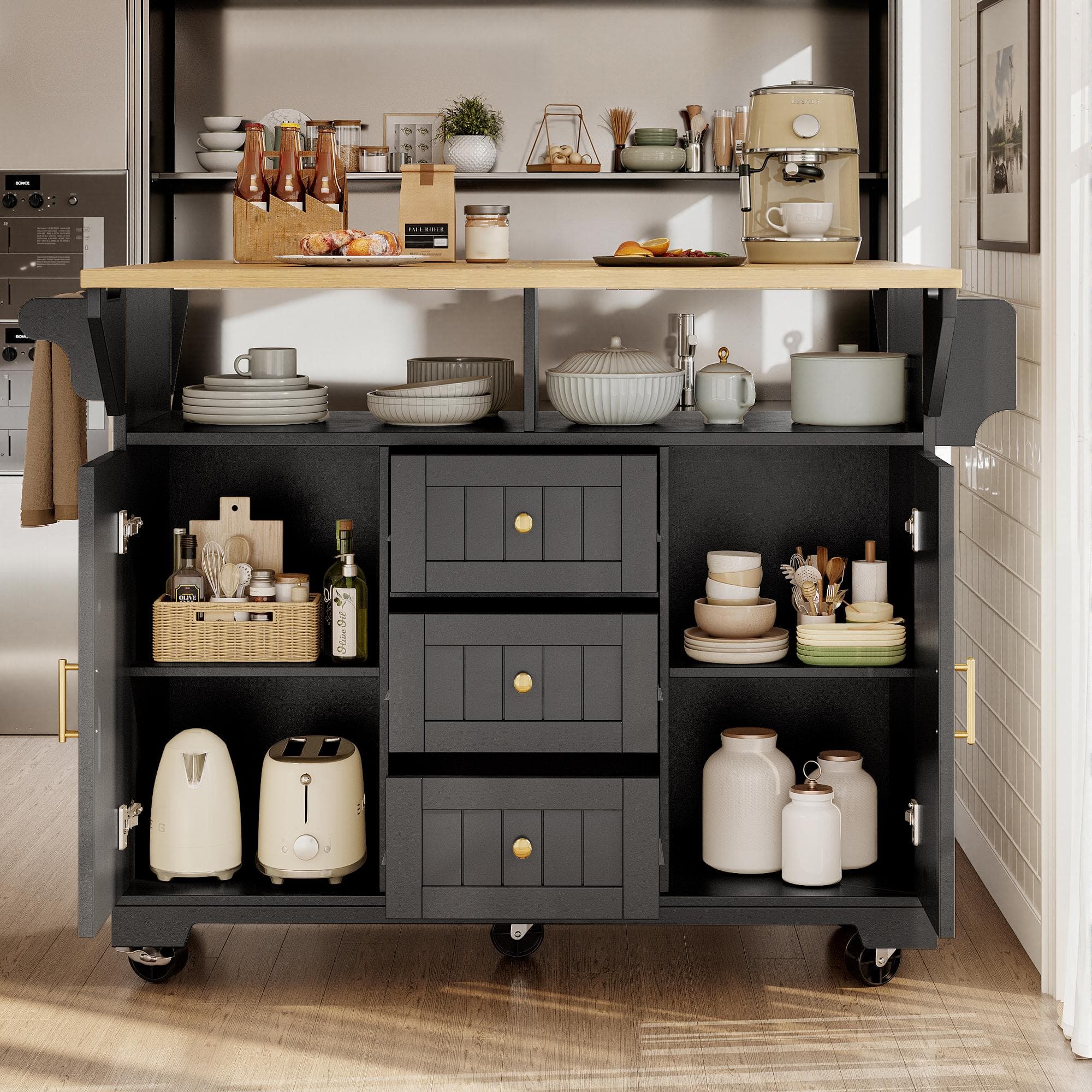 Extendable Kitchen Island with 3 Drawers and Adjustable Shelves, Trolley Cabinet with Double-Sided Drop-Leaf, 120L x 40-80W x 95H cm, Black | Aosom UK