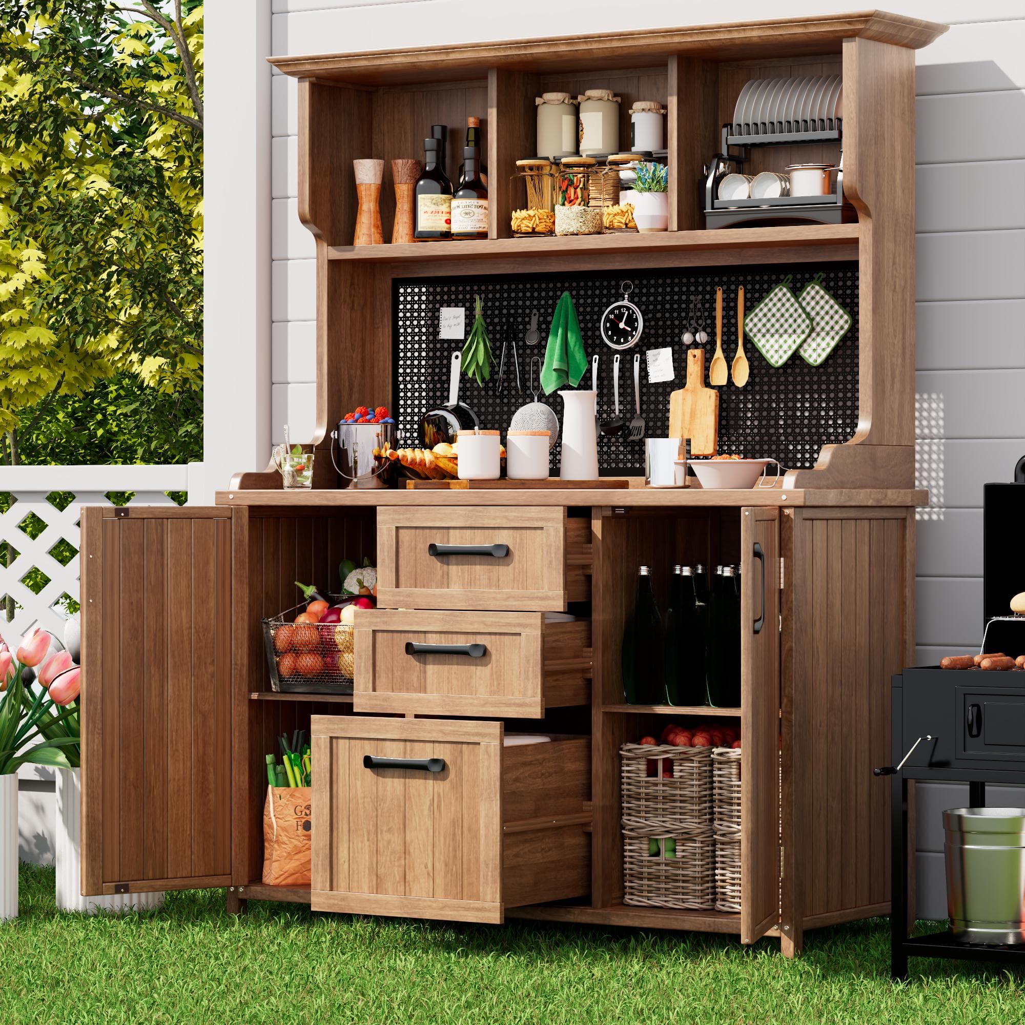 Freestanding Outdoor Cupboard with Drawers, Pegboard and Shelves, Sturdy Storage Cabinet for Kitchen, 120L x 50W x 185H cm, Natural | Aosom UK