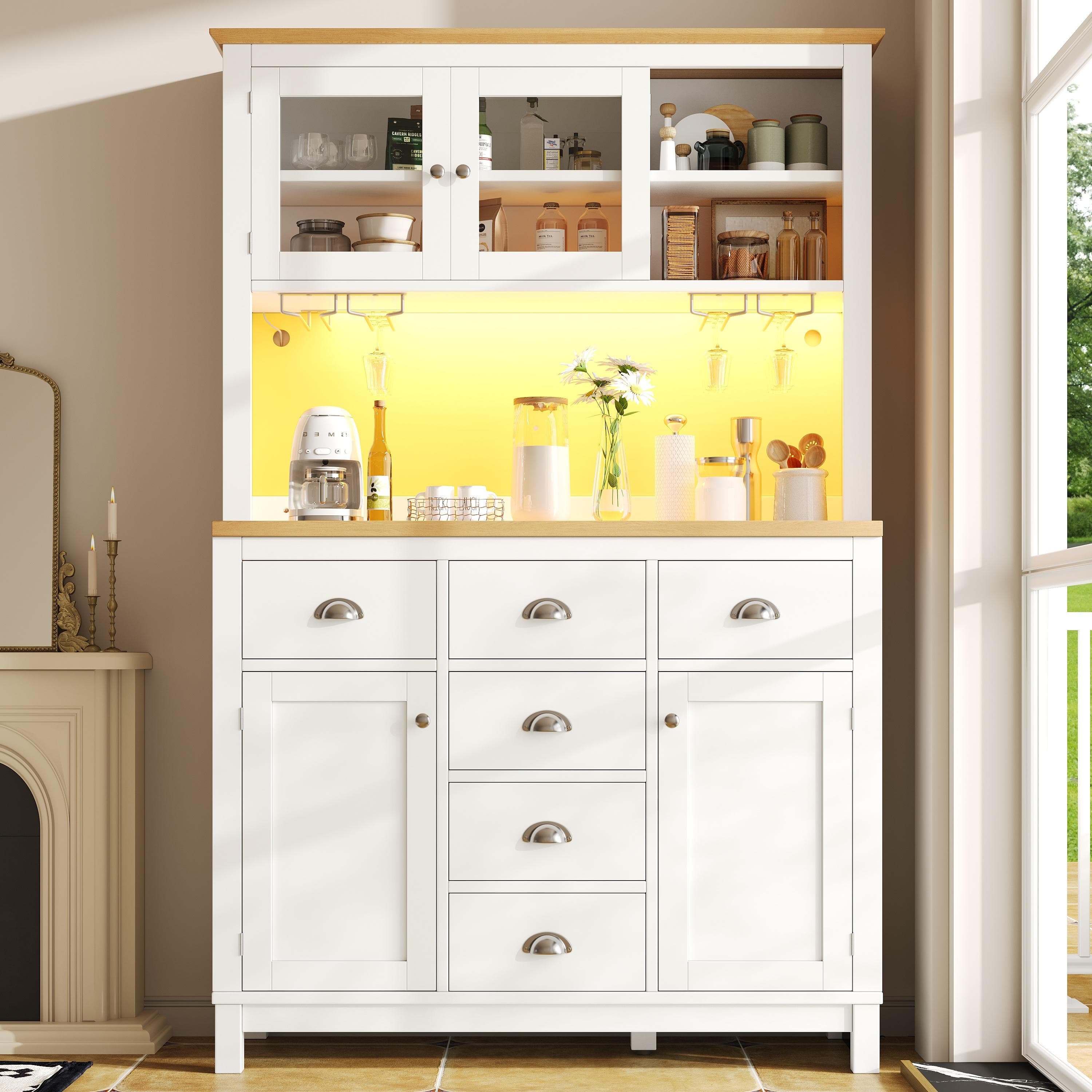 Farmhouse Style Sideboard with Spacious Shelves and Drawers, Versatile Storage Cabinet with Drink Holders, 104L x 40W x 180H cm, White | Aosom UK