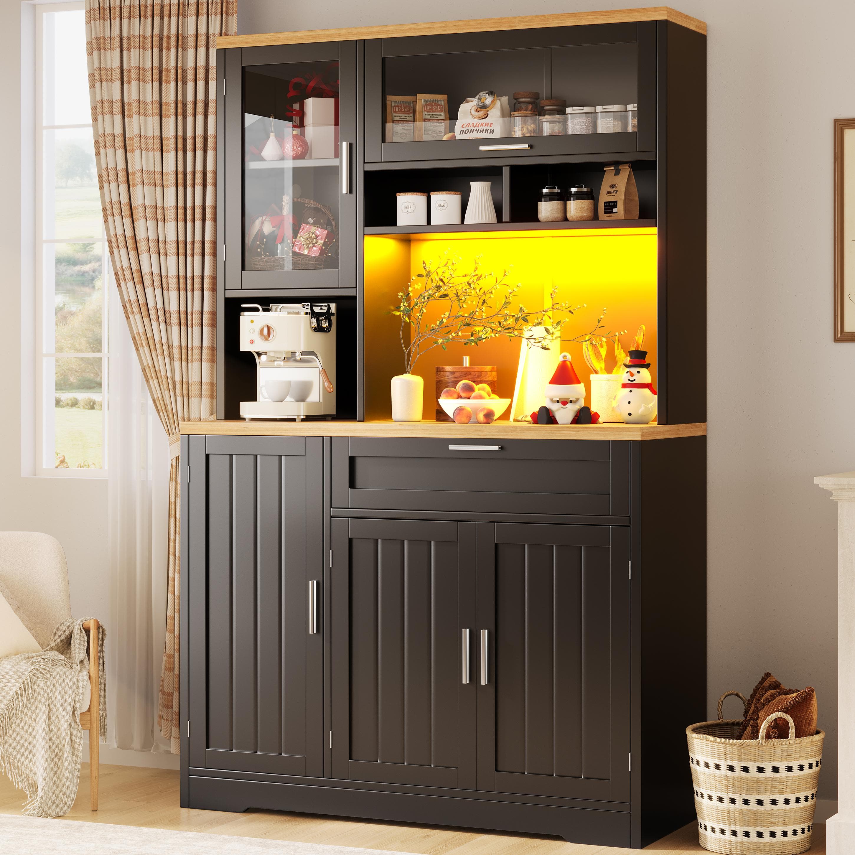 Tall Display Cabinet with USB-Powered App-Controlled LED Lighting, Modern Sideboard for Kitchen, Living Areas, 104L x 40W x 180H cm, Black | Aosom UK