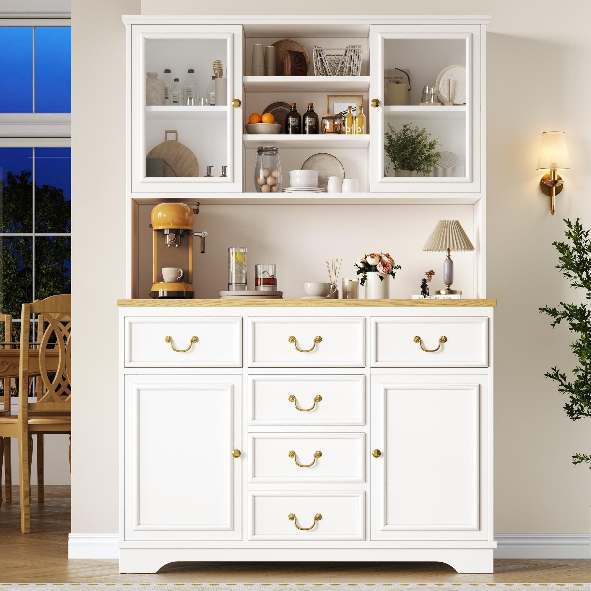 Tall Kitchen Cabinet with USB Ports & Ergonomic Worktop, Stylish Sideboard with Adjustable Shelves, 118L x 39.5W x 180H cm, White | Aosom UK