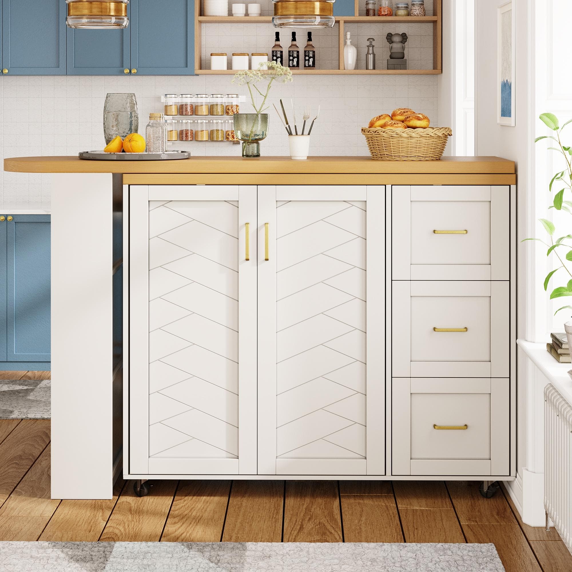 Multifunctional Kitchen Island for Dining & Living Areas, Extendable Bar Cart with 2 Doors & 3 Drawers, 135-228L x 39W x 104H cm, White | Aosom UK