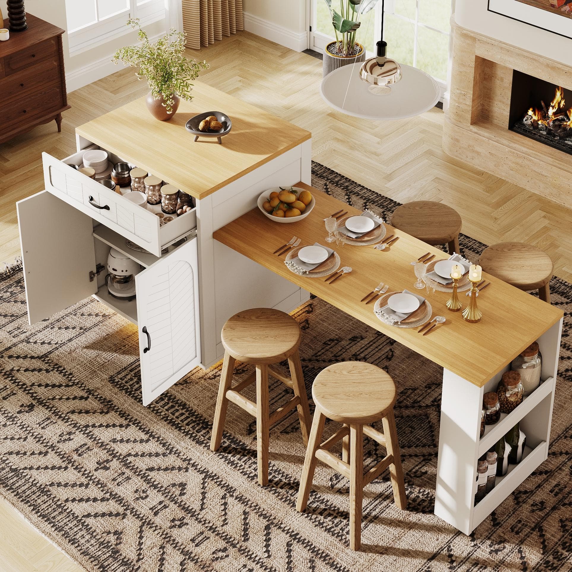 Extendable Kitchen Island with Built-In Wine Rack, Multifunctional Storage Cabinet with Dining Table, 141-193.5L x 70W x 101.5H cm, White | Aosom UK