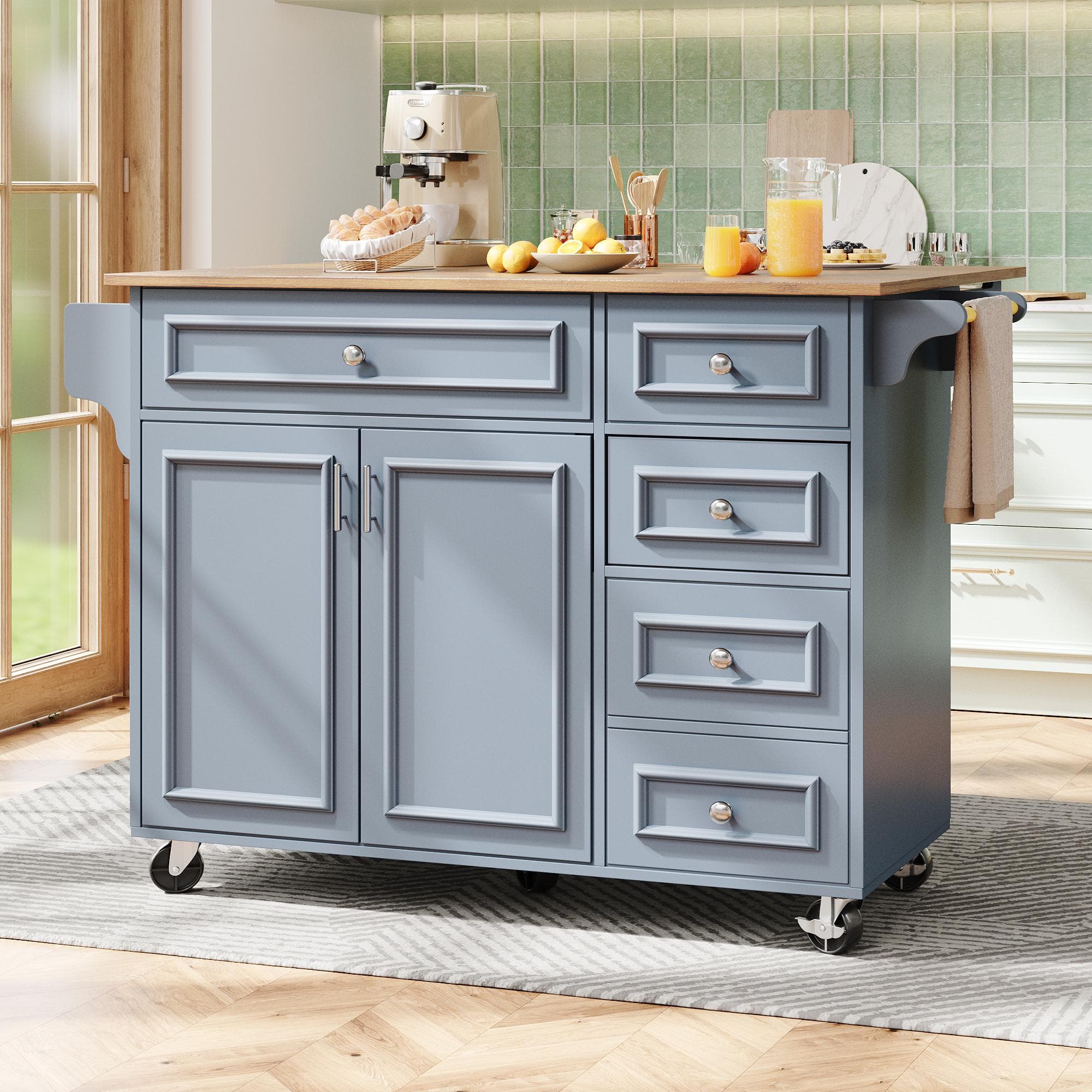 Multifunctional Kitchen Island with 3 Adjustable Shelves, Space-Saving Serving Trolley for Kitchen Use, 110L x 45-75W x 92H cm, Blue | Aosom UK