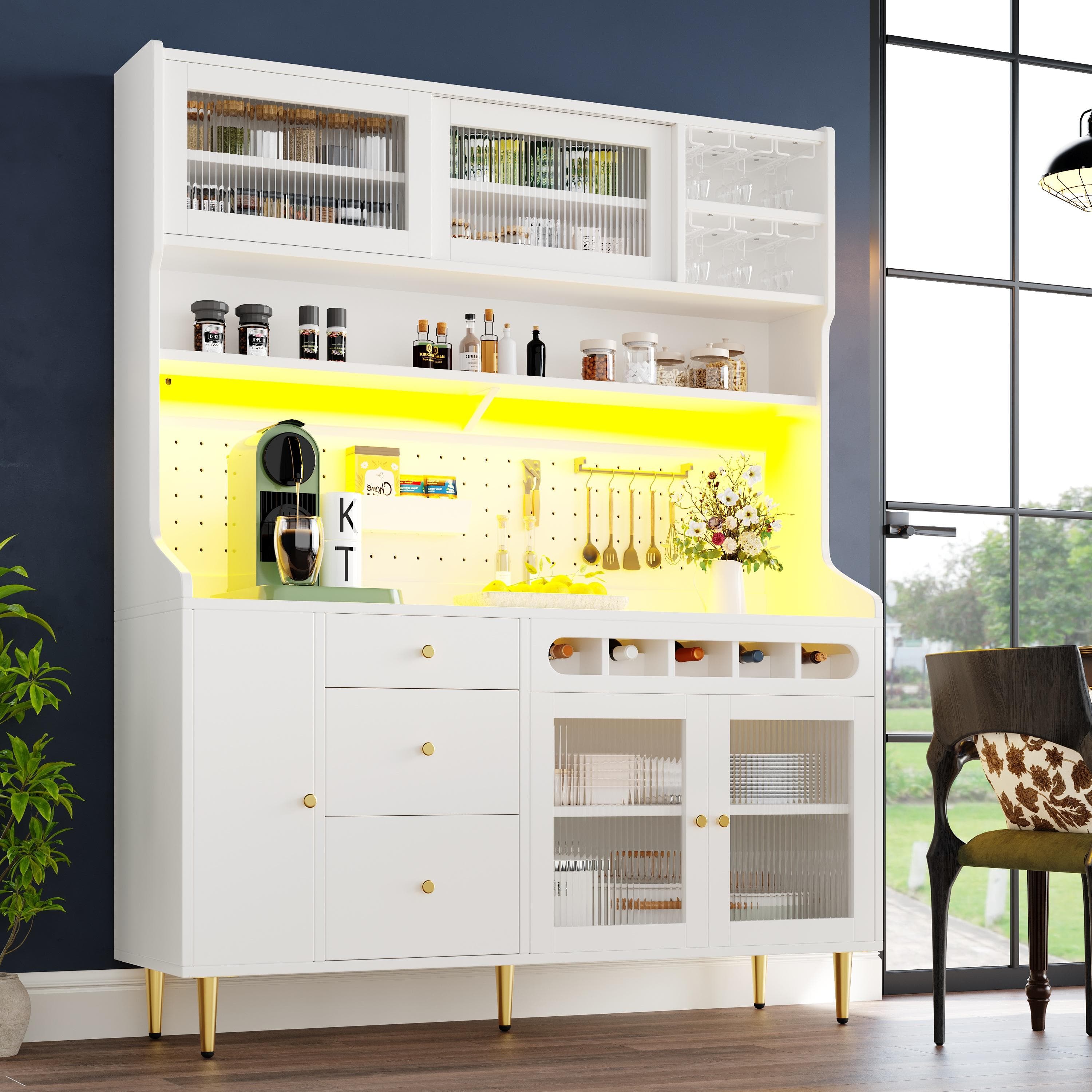 Freestanding Highboard with LED Lighting & Pull-Out Wine Rack, Tall Storage Cabinet with Sliding Glass Doors, 145L x 39W x 171H cm, White | Aosom UK