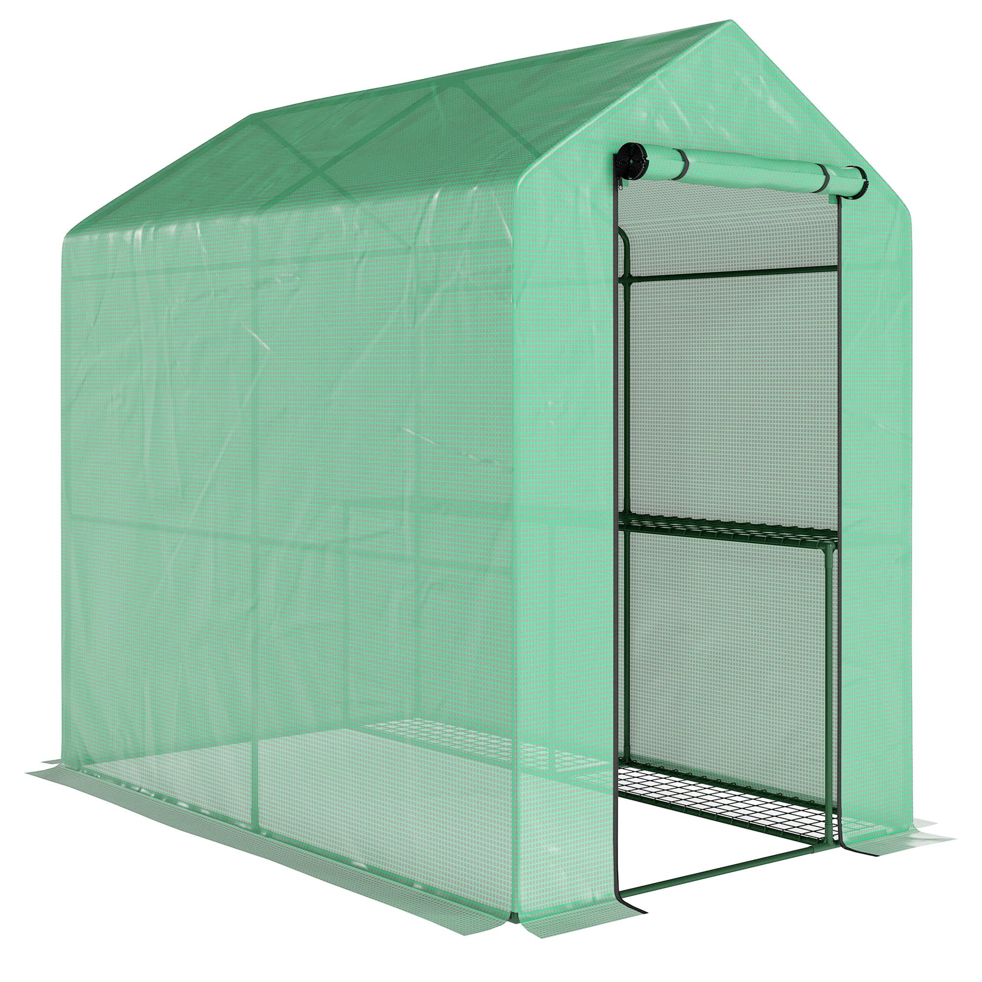 Outsunny Walk-in Greenhouse with 2 Tier 4 Shelves, Small Greenhouse with Reinforced PE Cover and Roll-up Door, 120 x 186 x 190 cm, Green