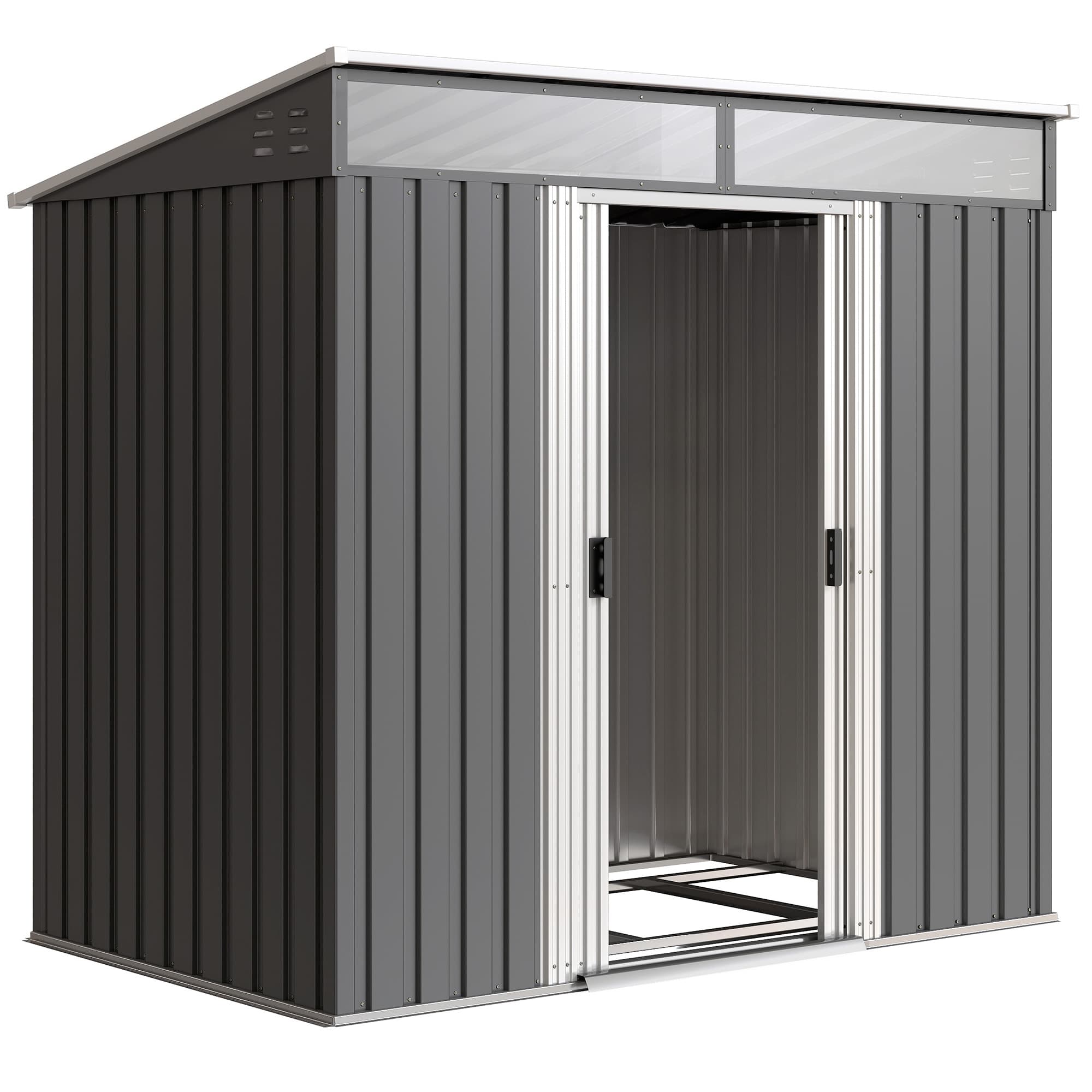 Outsunny 4x6 Metal Shed with Foundation, Lockable Sliding Doors, Garden Shed with 2 Vents for Bike and Tool, Grey | Aosom UK