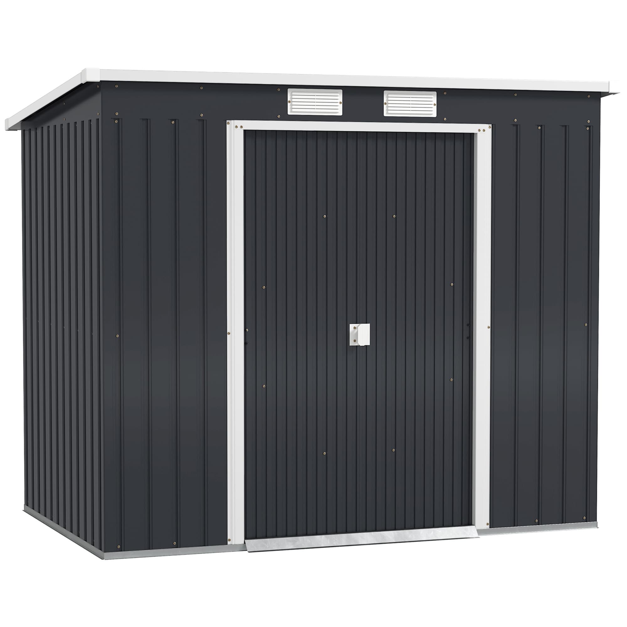 Outsunny Steel Shed with Foundation Kit and Lockable Door, Vents and Sloped Roof, 173H x 213L x 130Wcm, Dark Grey | Aosom UK