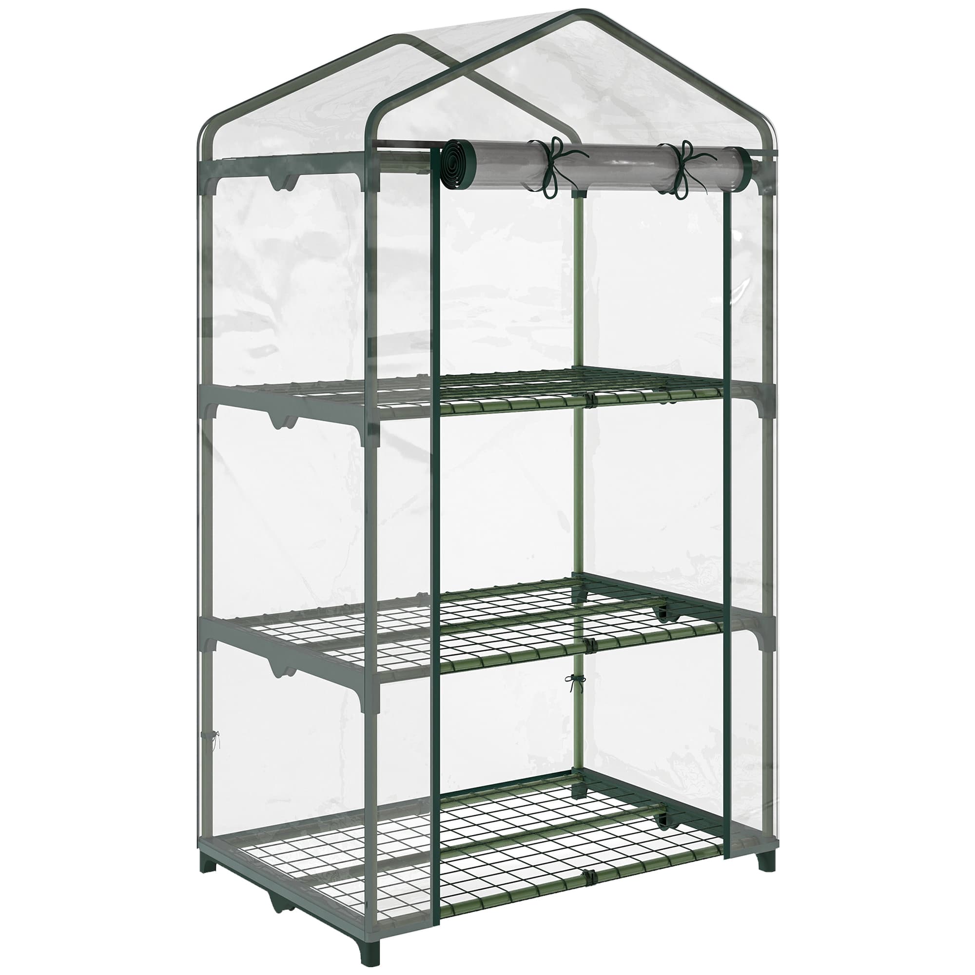 Outsunny Mini Greenhouse Shelving Unit: Clear PVC Panels for Plant Nurturing, Roll-Up Door, 69Lx49Wx125H cm | Aosom UK