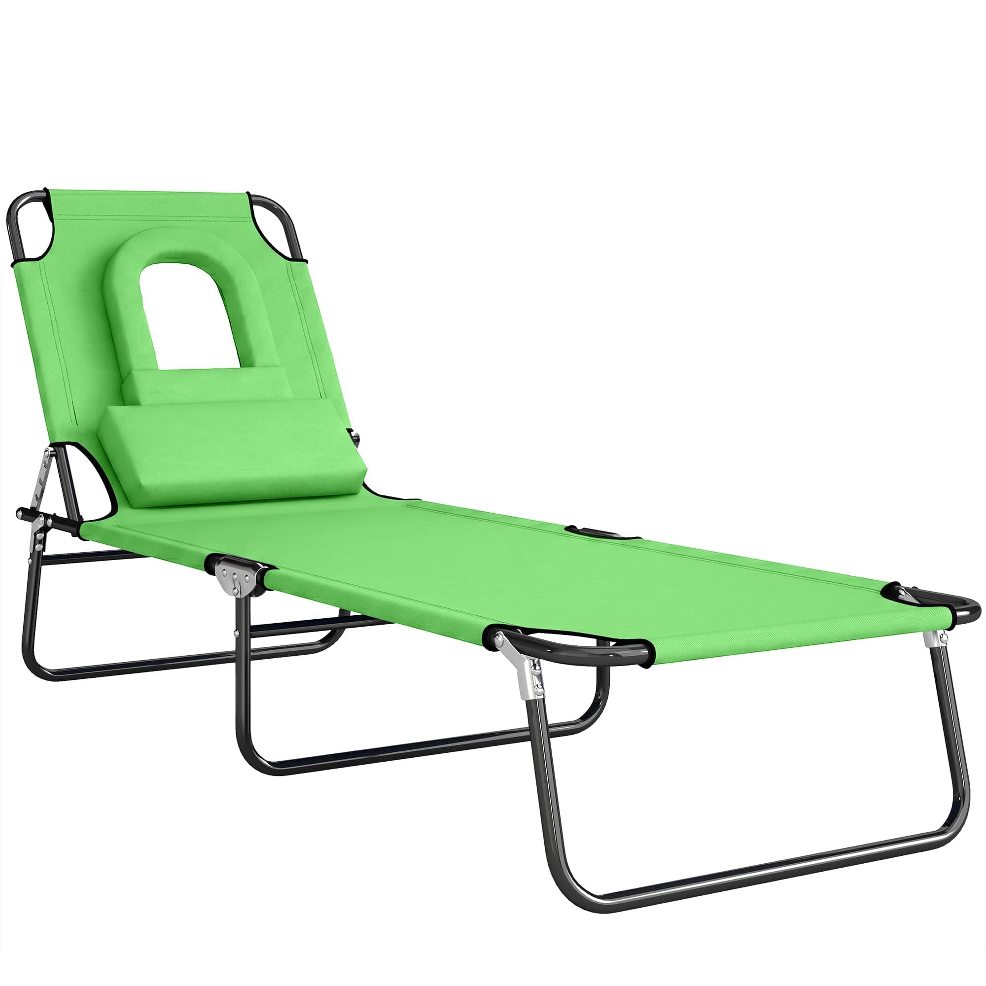 Outsunny Foldable Sun Lounger: Reclining Garden Chair with Pillow & Reading Hole, Adjustable Green Outdoor Recliner | Aosom UK