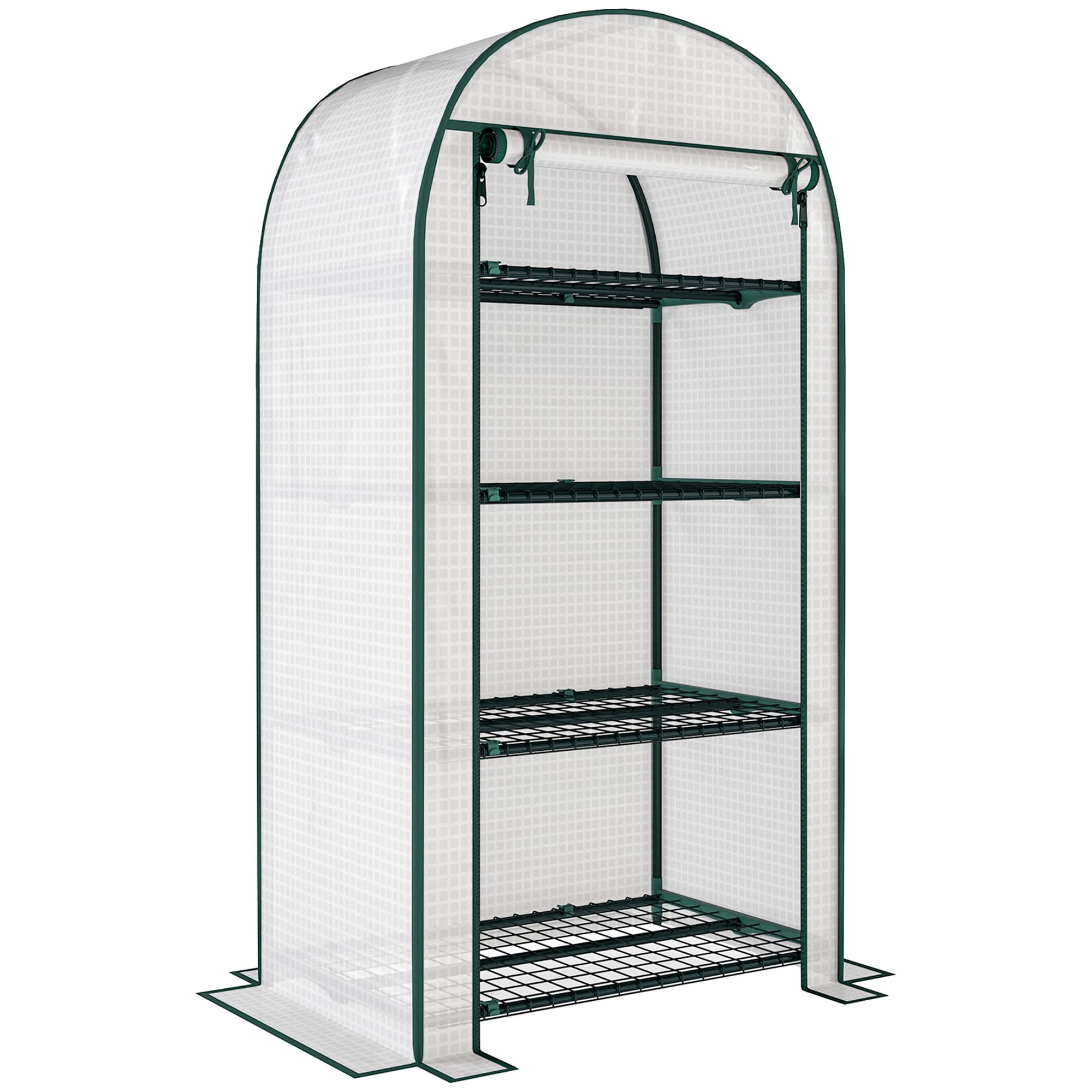 Outsunny 80 x 49 x 160cm Mini Greenhouse, Portable Garden Plant Green House w/ Storage Shelf, Roll-Up Zippered Door, Metal Frame | Aosom UK