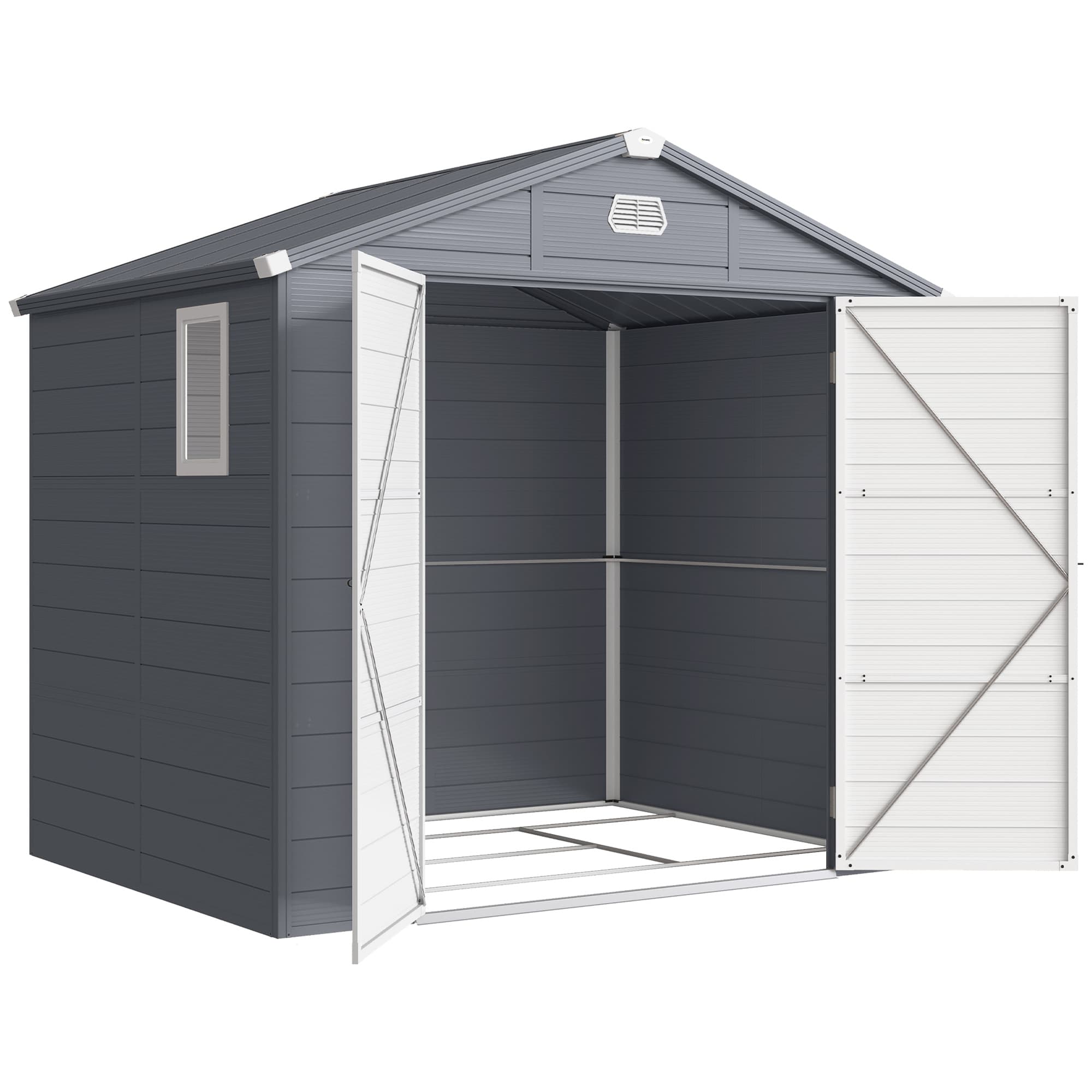 Outsunny 8 x 6ft Garden Shed with Foundation Kit, Polypropylene Outdoor Storage Tool House with Ventilation Slots and Lockable Door, Grey