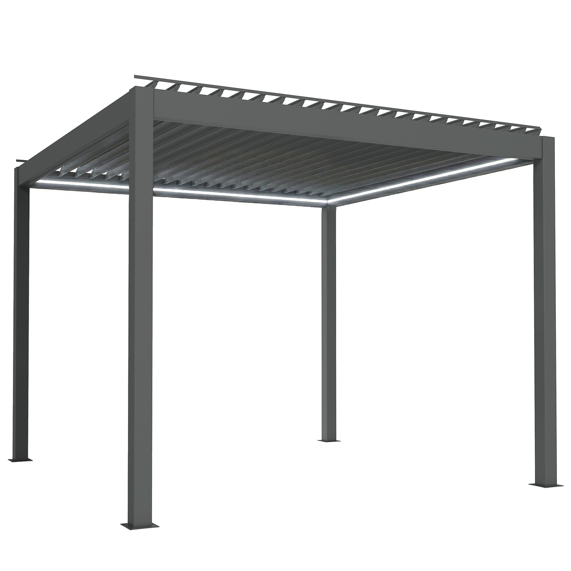 Outsunny 3 x 3(m) Electric Louvered Pergola with LED Lights, Aluminium Pergola Hardtop Gazebo with Remote, Adjustable Roof and Drainage System, Water and UV Proof