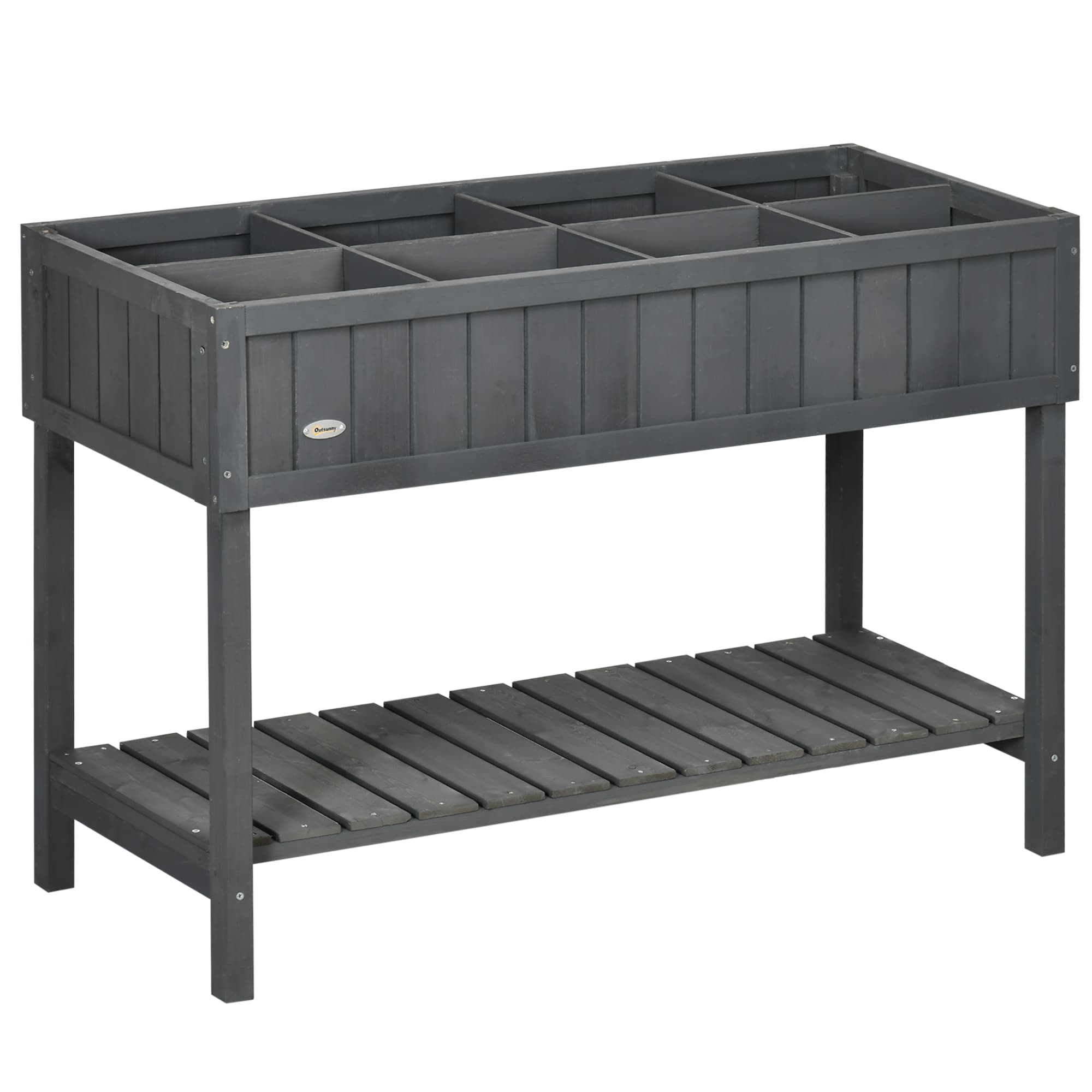 Outsunny Fir Wood Raised Rectangular 8 Compartment Plant Stand Dark Grey