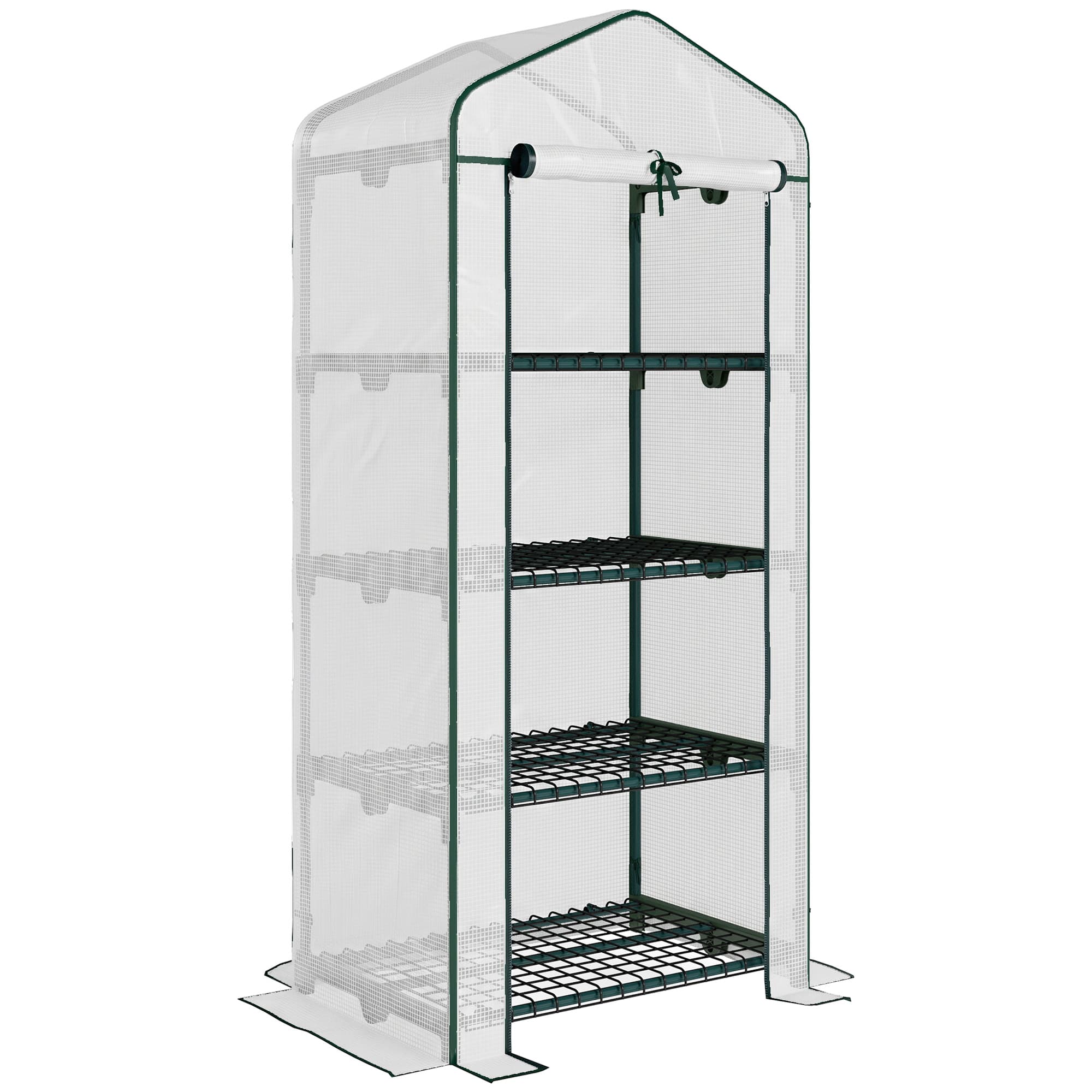 Outsunny 4 Tier Mini Greenhouse, Portable Green House with Steel Frame, PE Cover, Roll-up Door, 70 x 50 x 160 cm, White | Aosom UK