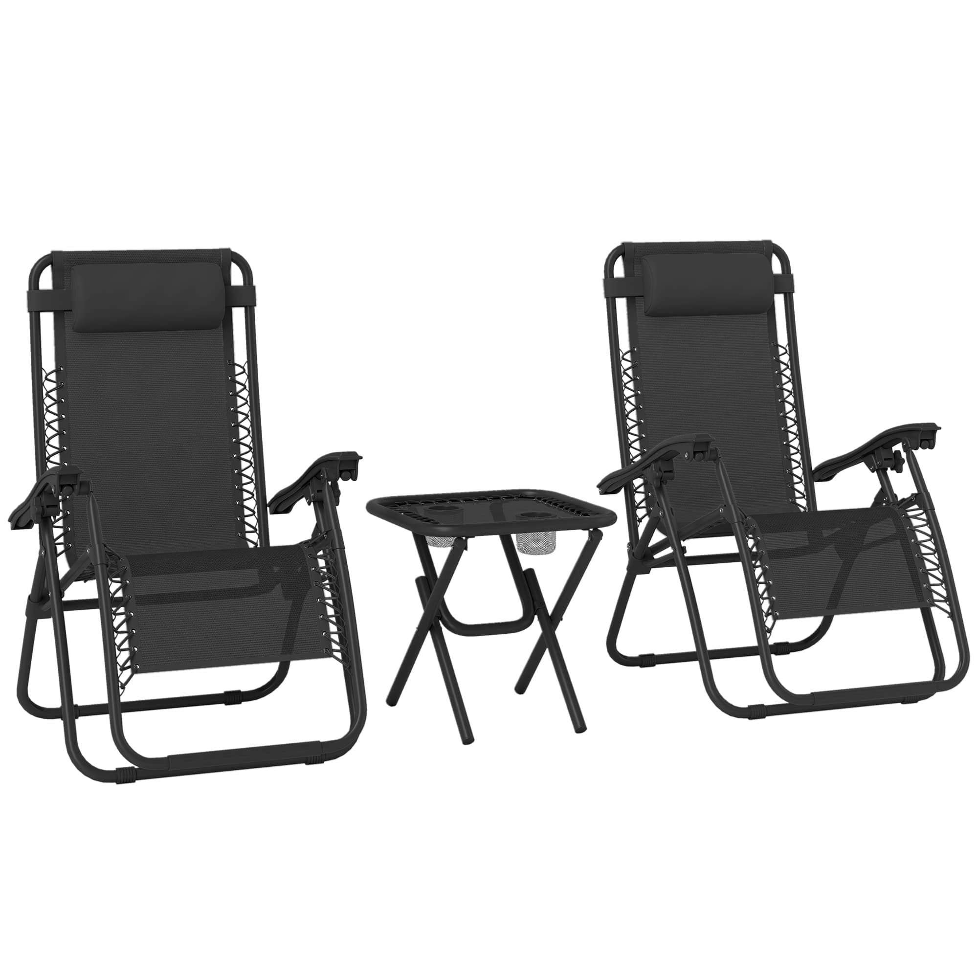 Outsunny 3-Piece Black Folding Table and Chairs Set with Cup Holders - Zero Gravity Reclining for Garden, Yard & Pool | Aosom UK