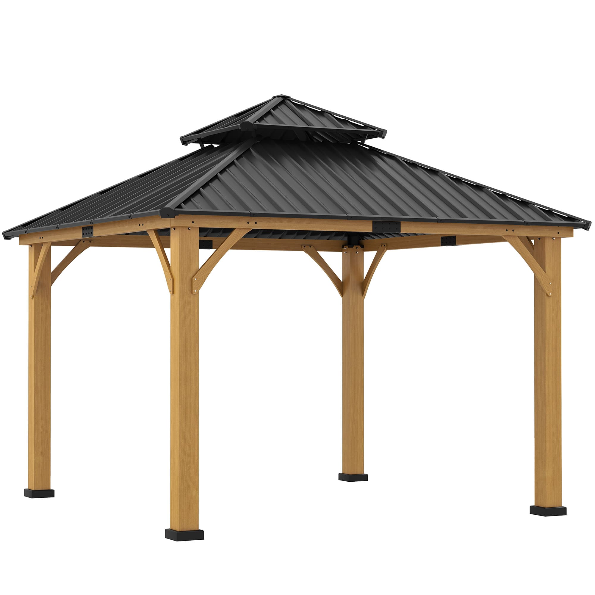 Outsunny 3.5 x 3.5m Outdoor Aluminium Hardtop Gazebo Canopy with 2-Tier Roof and Solid Wood Frame Outdoor Patio Shelter for Patio, Garden, Grey