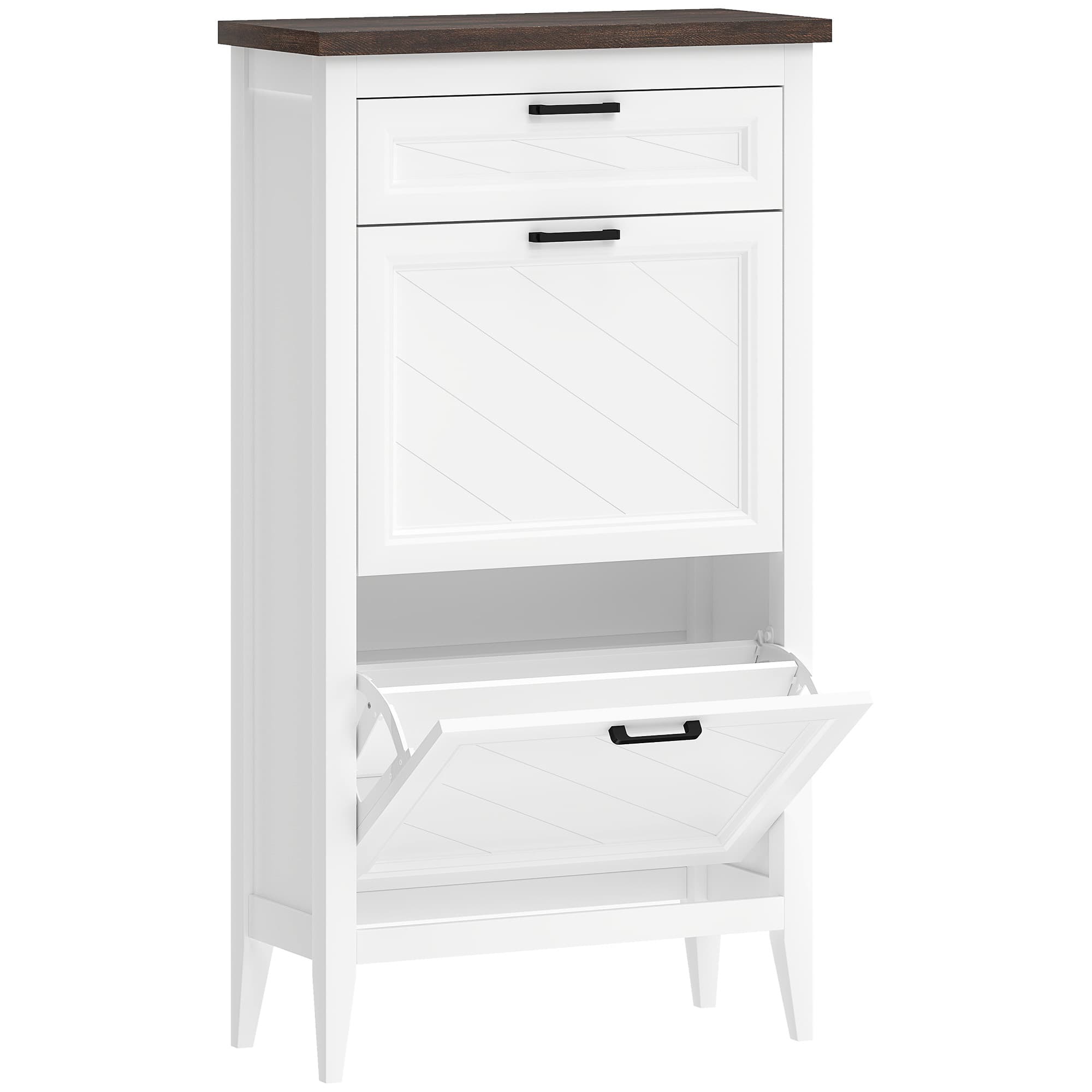 HOMCOM Shoe Cabinet with 3 Flip Drawers, Farmhouse Narrow Shoe Storage Cabinet with Adjustable Shelves, White thumbnail 2