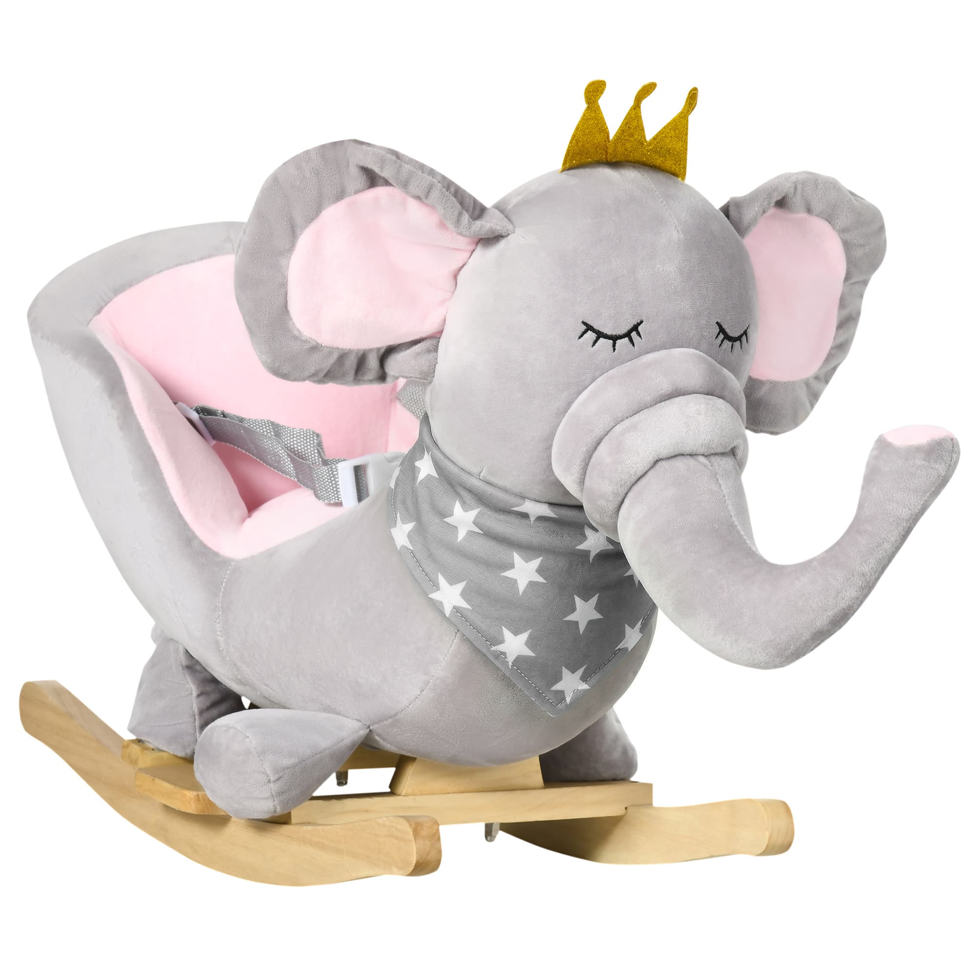 HOMCOM Elephant Baby Rocking Horse with Wooden Base, Safety Belt, Rocker Chair Toy for 1.5-3 Years, Grey | Aosom UK