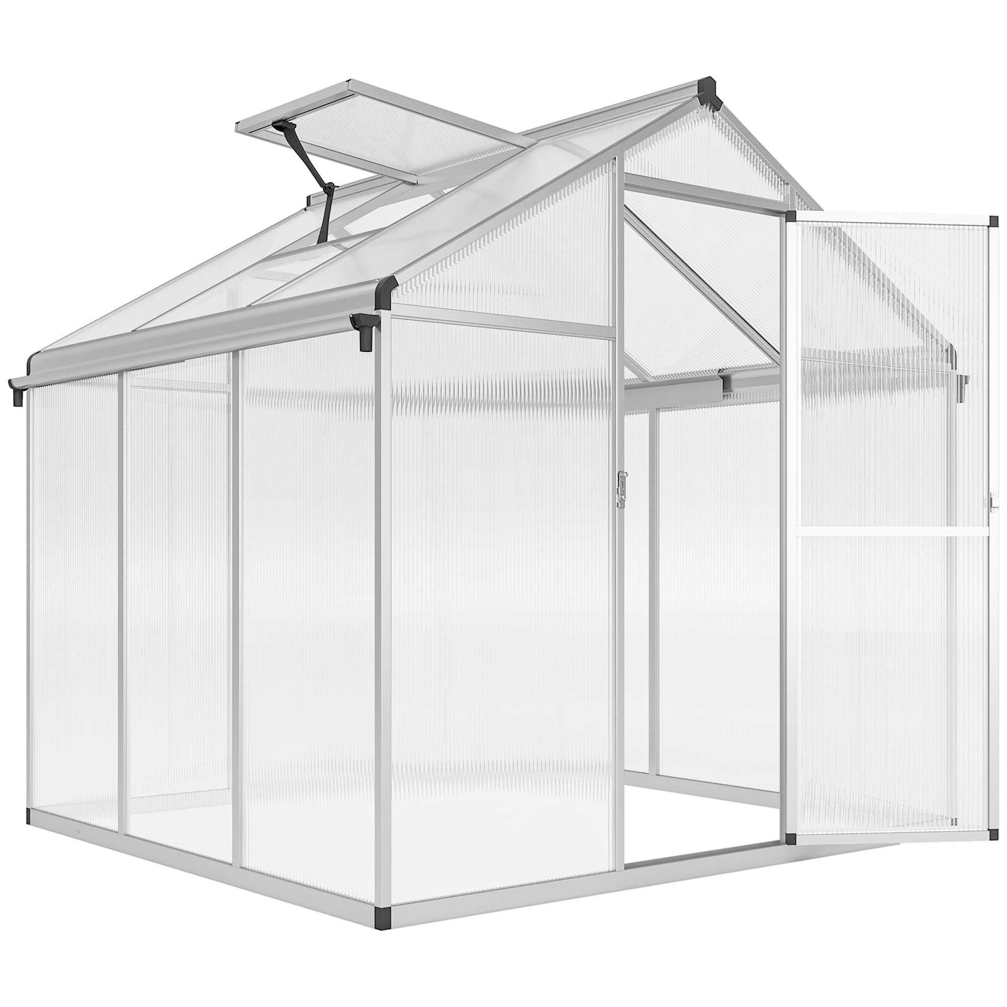 Outsunny 6 x 6ft Polycarbonate Greenhouse with Rain Gutters, Large Walk-In Green House with Window, Garden Plants Grow House with Aluminium | Aosom UK