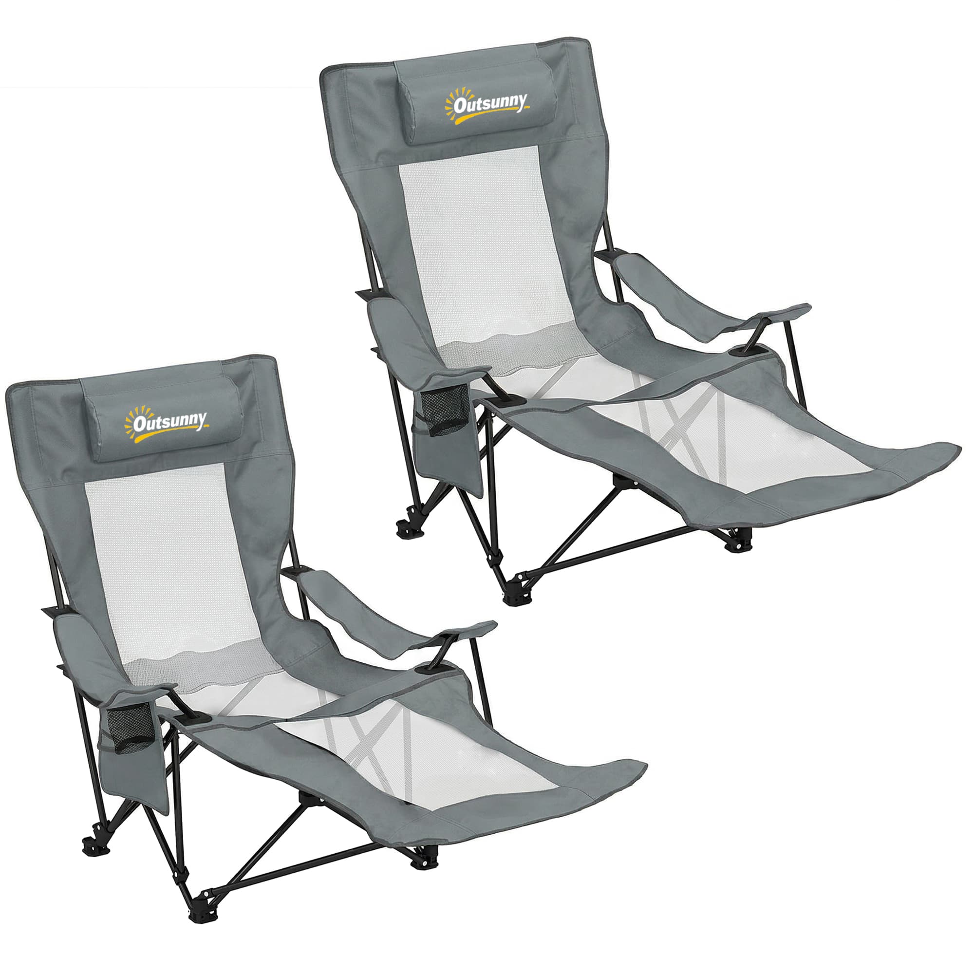 Outsunny Camping Chair Reclining Portable Camp Chair with Detachable Footrest Cup Holder Grey