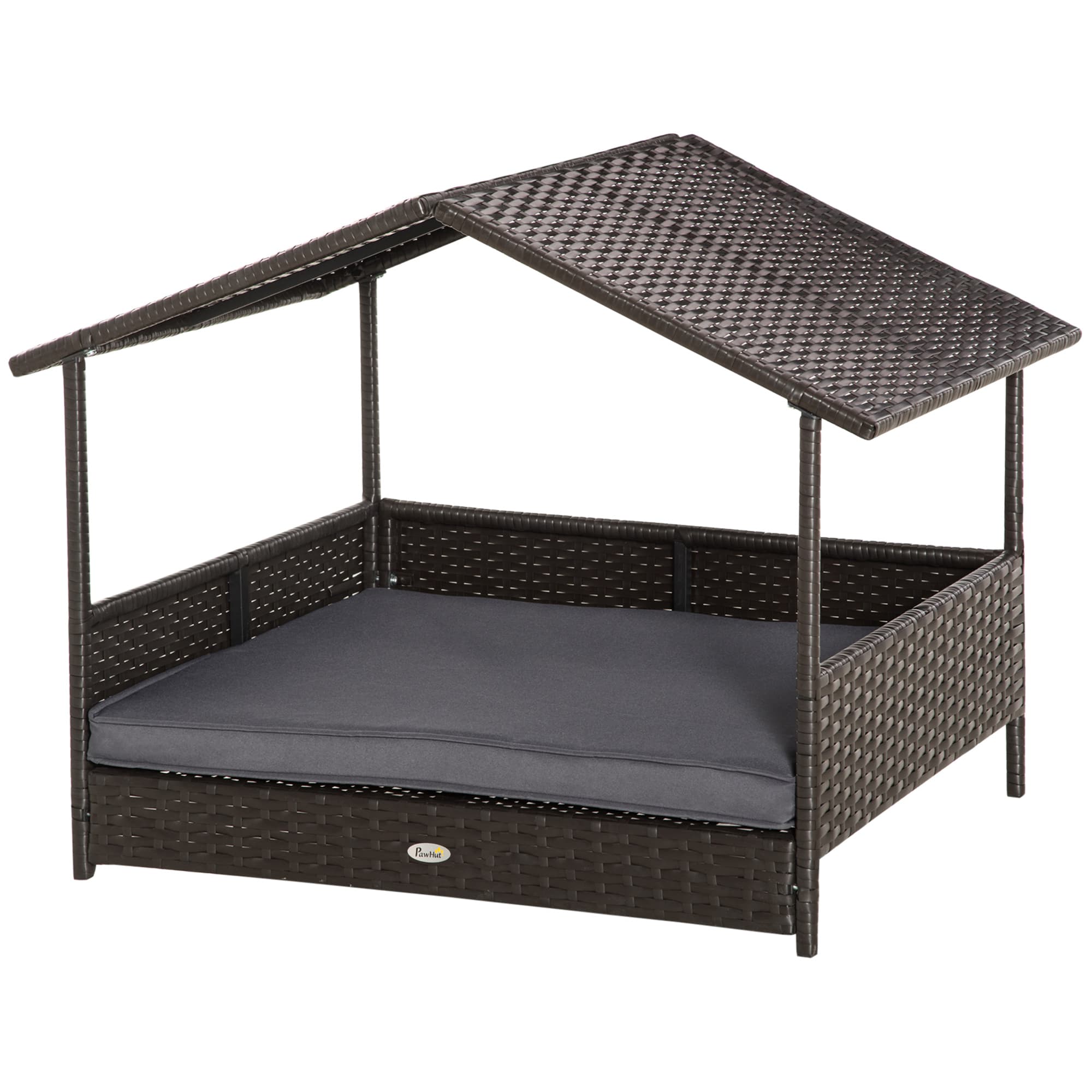 PawHut Rattan Dog House, Elevated Wicker Pet Bed Lounge with Removable Cushion and Canopy, for Small and Medium Dogs, 98 x 69 x 73cm - Grey | Aosom UK