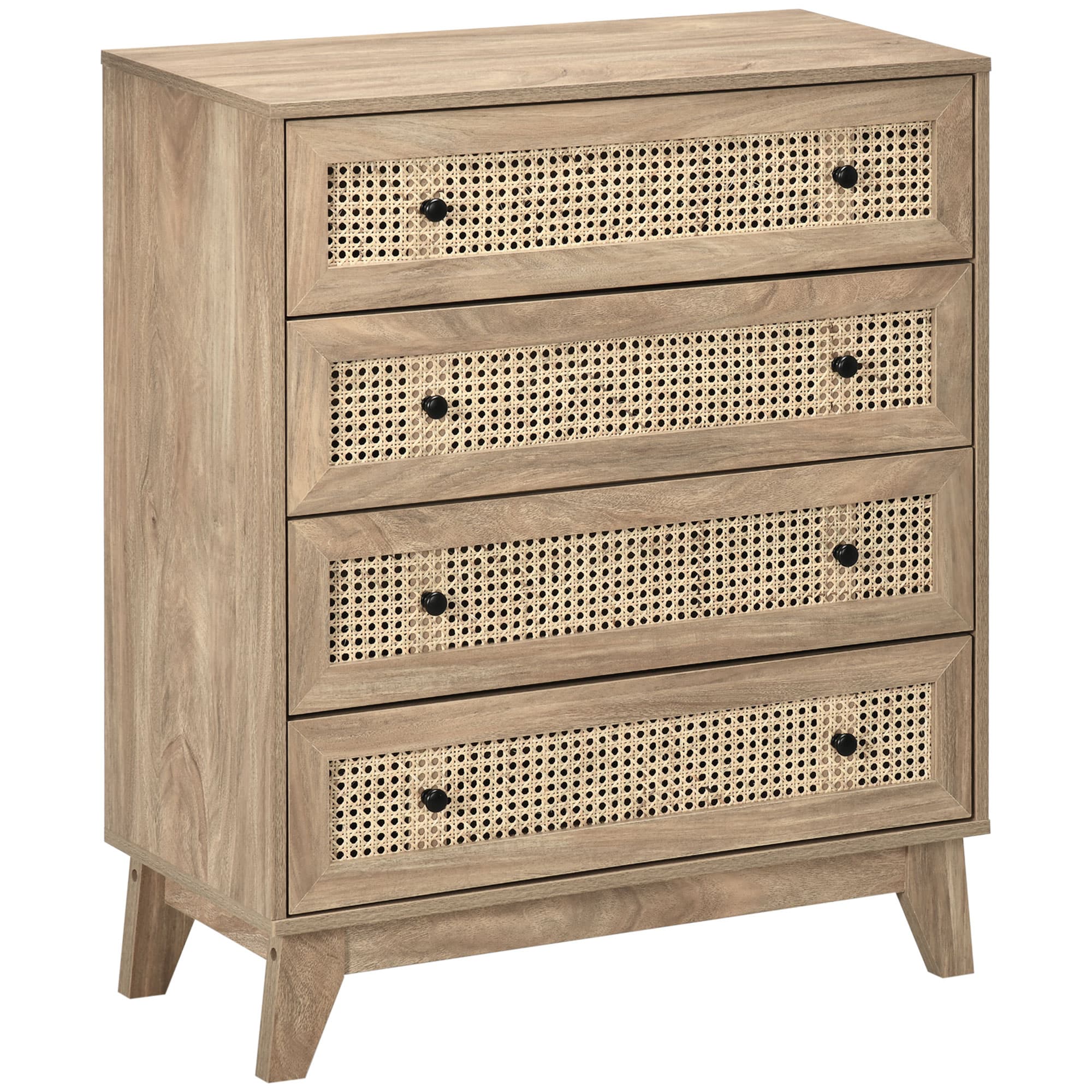 HOMCOM Storage Cabinet, 4-Drawer Unit with Rattan Element for Bedroom, Living Room, 80cm x 35 cmx 95 cm, Wood Effect | Aosom UK
