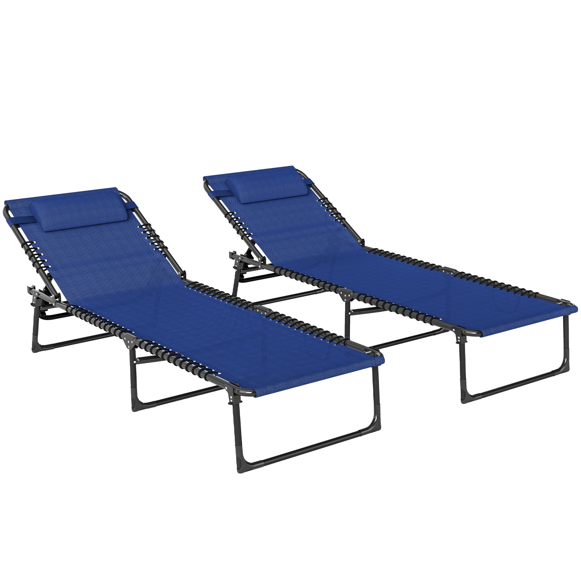 Outsunny 2 Pcs Folding Sun Lounger Beach Chaise Chair Garden Cot Camping Recliner with 4 Position Adjustable Blue | Aosom UK