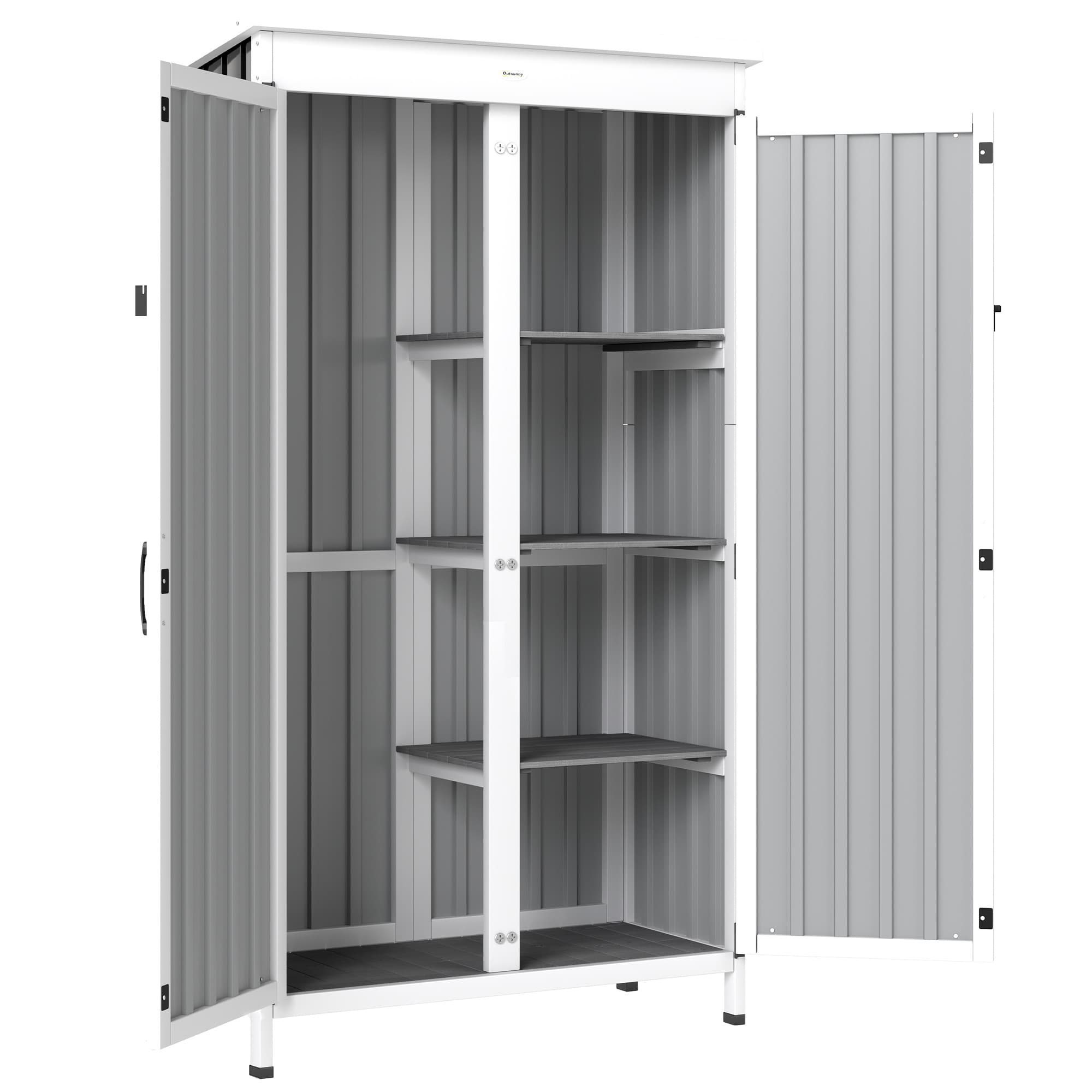 Outsunny Outdoor Storage Cabinet with Removable Shelves, Garden Tool Shed with Asphalt Roof, White and Black