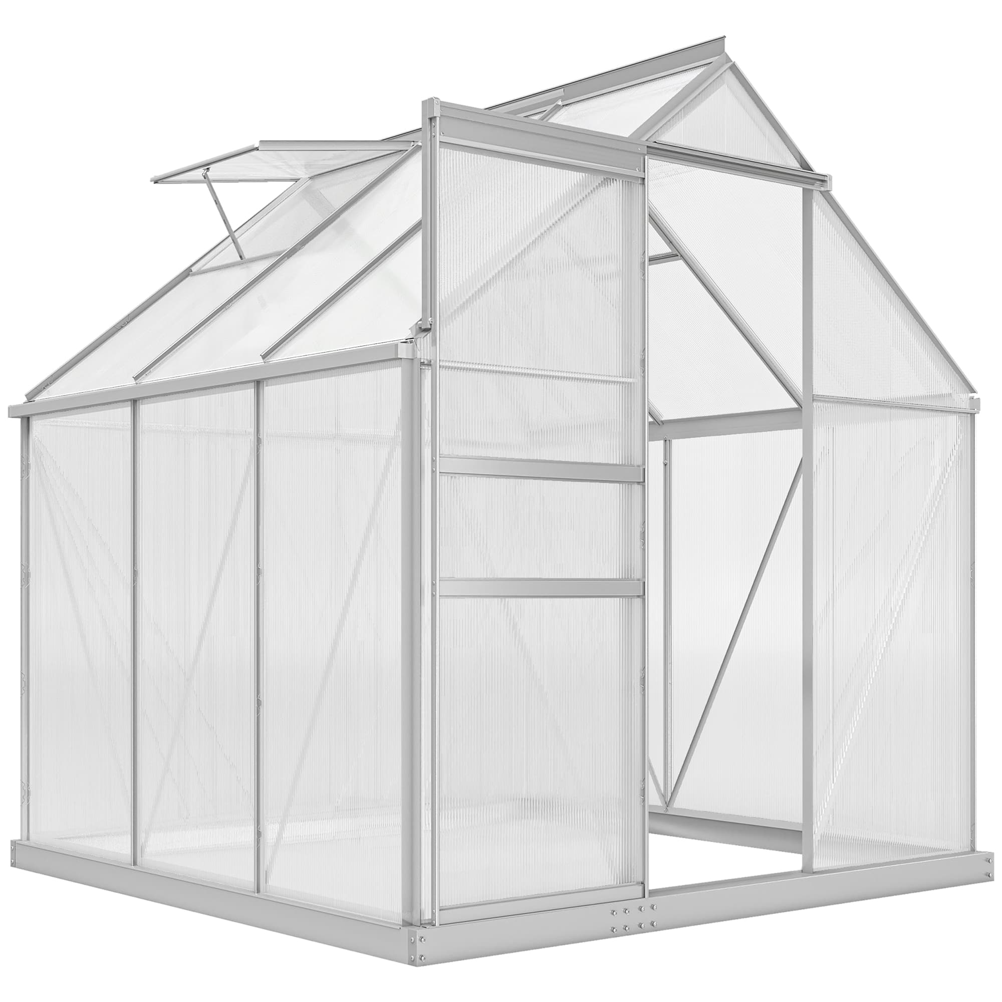 Outsunny 6x6 ft Walk-In Polycarbonate Greenhouse, Durable Aluminium Garden Green House with Adjustable Roof Vent, UV Protection & Galvanised Base for Year-Round Growing | Aosom UK