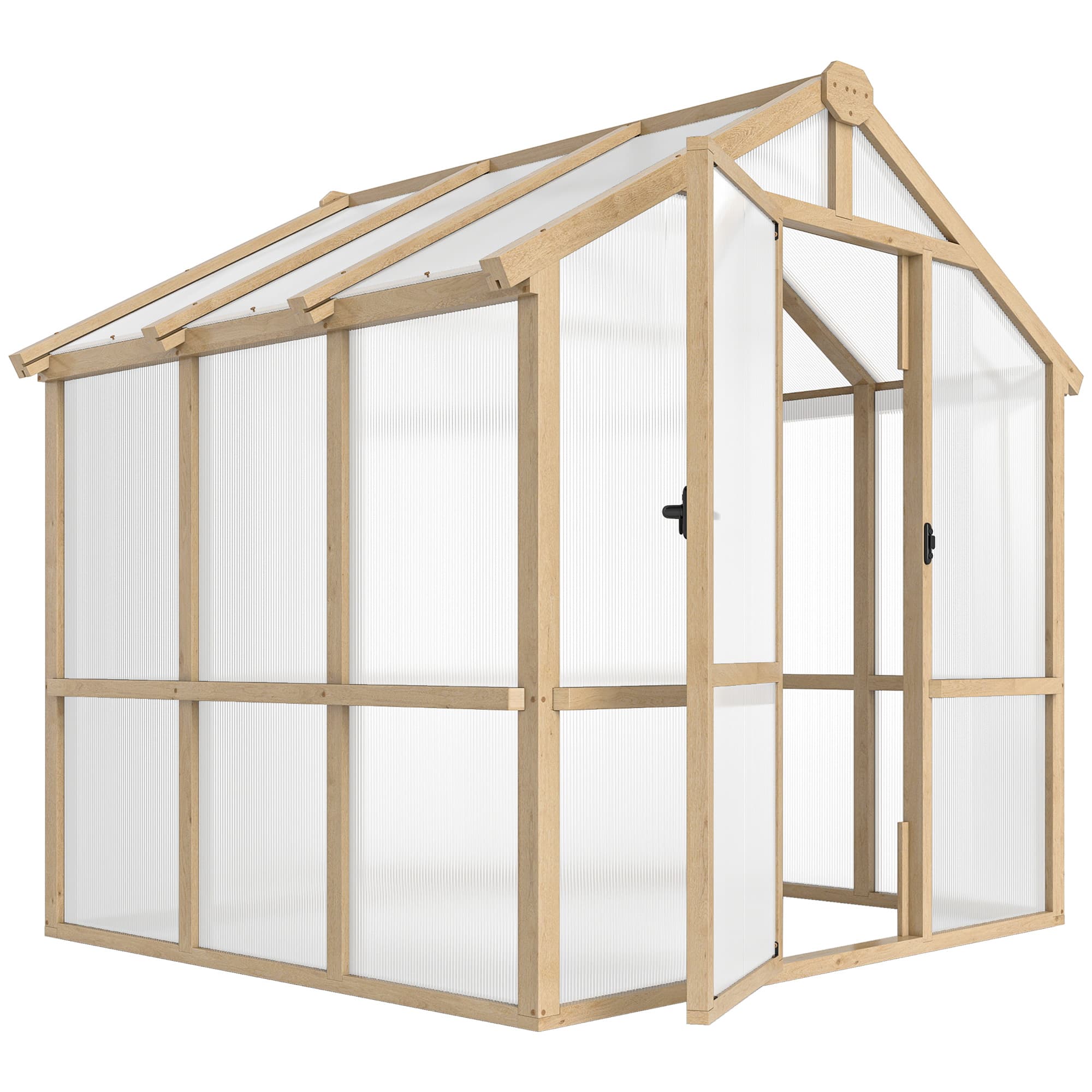 Outsunny 6.6 x 6ft Polycarbonate Greenhouse, Walk-in Wooden Greenhouse with Lockable Door and Window, Garden Plants Grow House, Brown