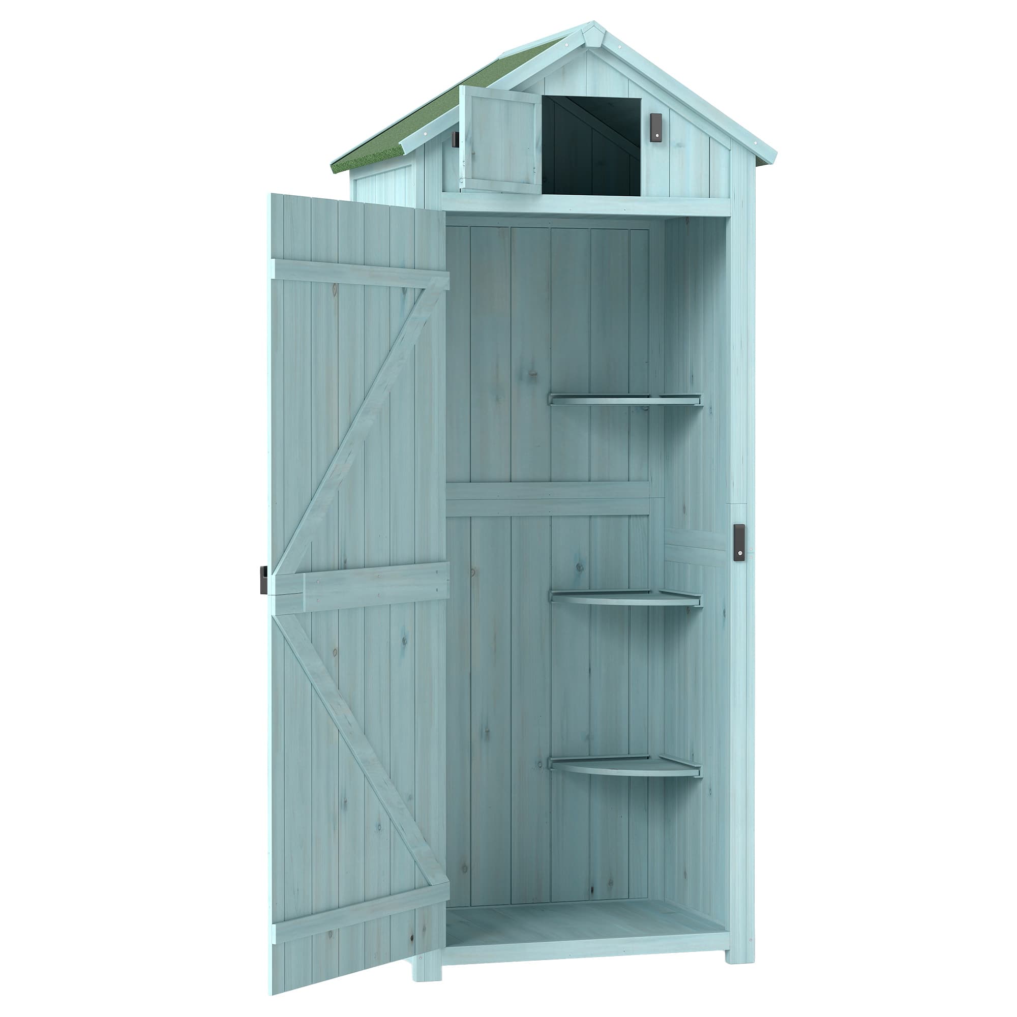 Outsunny Garden Shed Vertical Utility 3 Shelves Shed Wood Outdoor Garden Tool Storage Unit Storage Cabinet, 77 x 54.2 x 179cm - Blue | Aosom UK