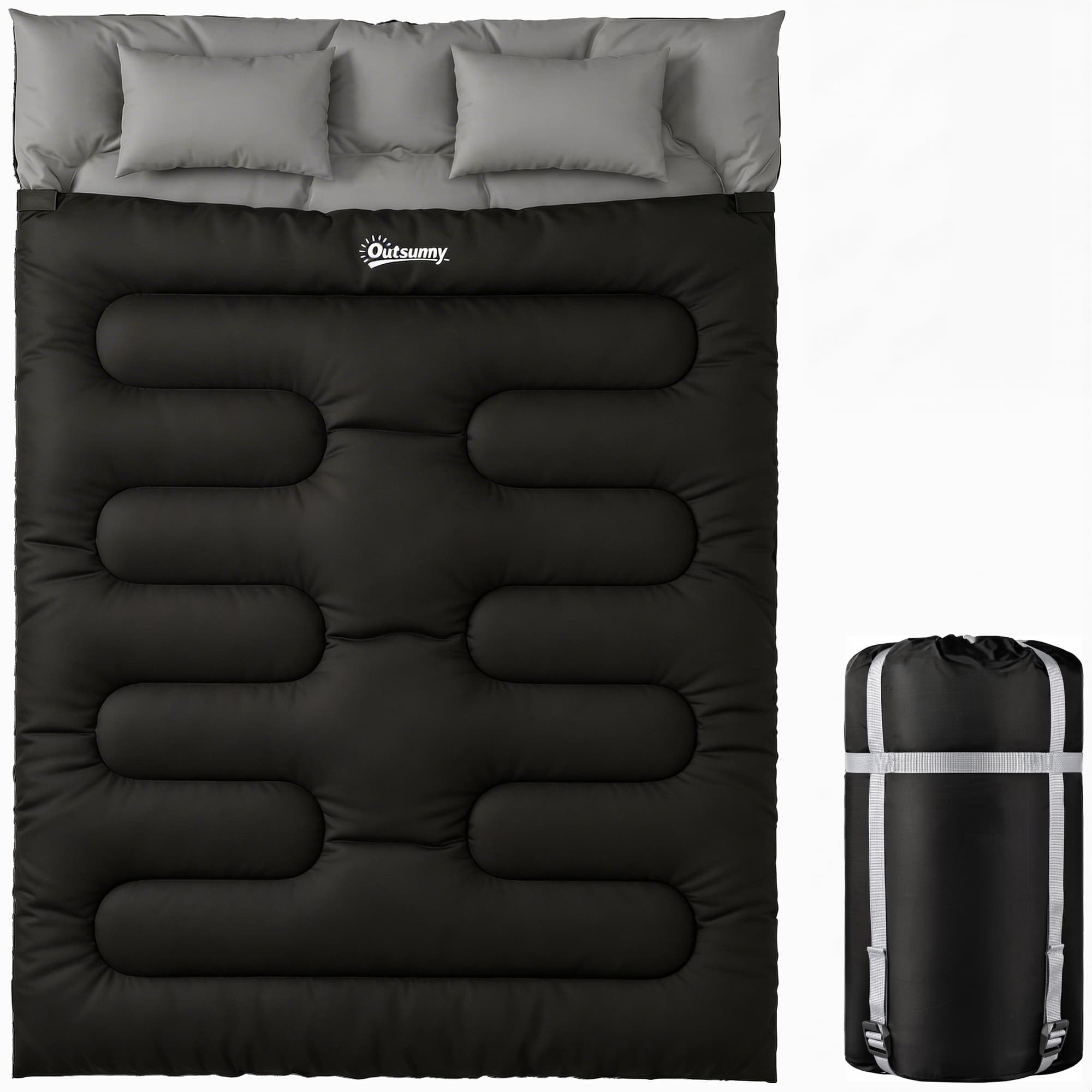Outsunny Double Sleeping Bag with 2 Pillows, 220 x 160 cm Extra-Large Sleeping Bag for Adults, Black