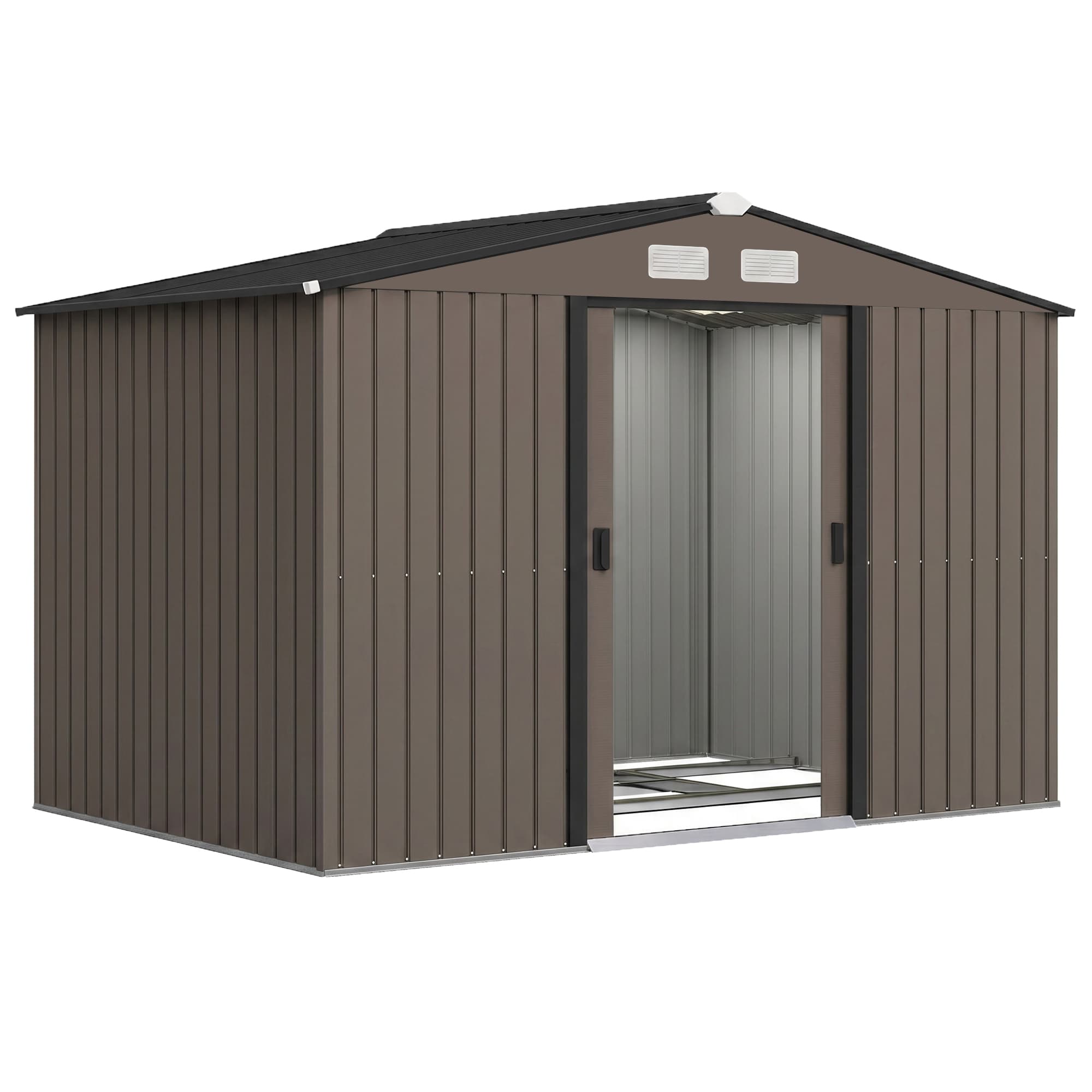 Outsunny 9 x 6ft Metal Garden Shed, Outdoor Storage Tool House with Ventilation Slots and Lockable Double Doors, Brown | Aosom UK