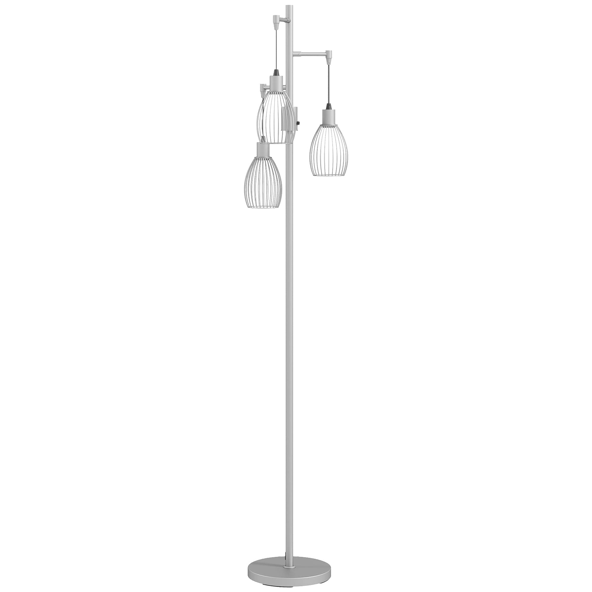 HOMCOM 170cm Industrial 3-Light Floor Lamp, Dimmable Standing Lamp with Steel Lampshades for Living Room, Bedroom, Dinging Room, Study, Silver Tone