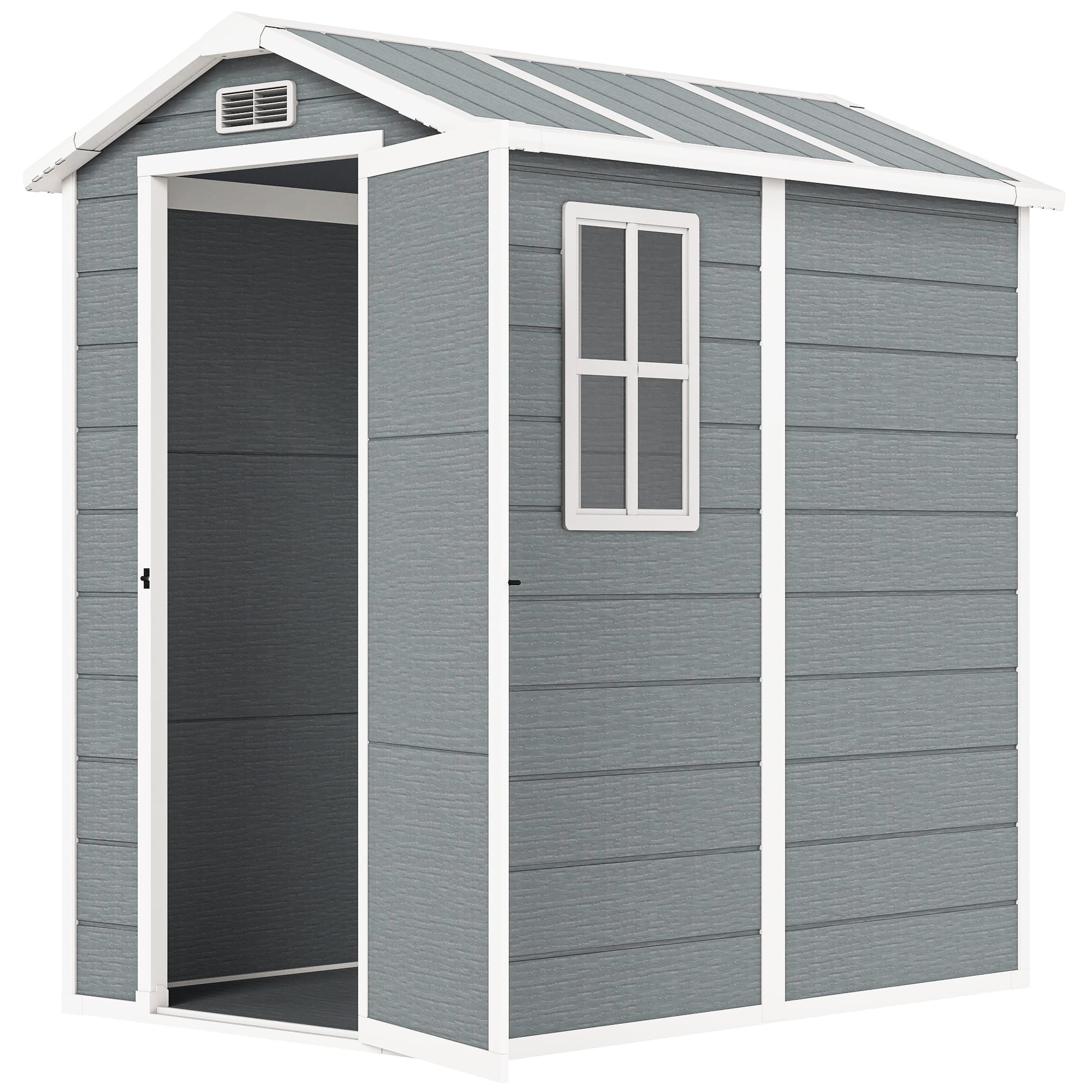 Outsunny 4x6ft Outdoor Storage Shed with Built-In Floor, Lockable Door, Windows & Vents for Garden Tools, Grey | Aosom UK