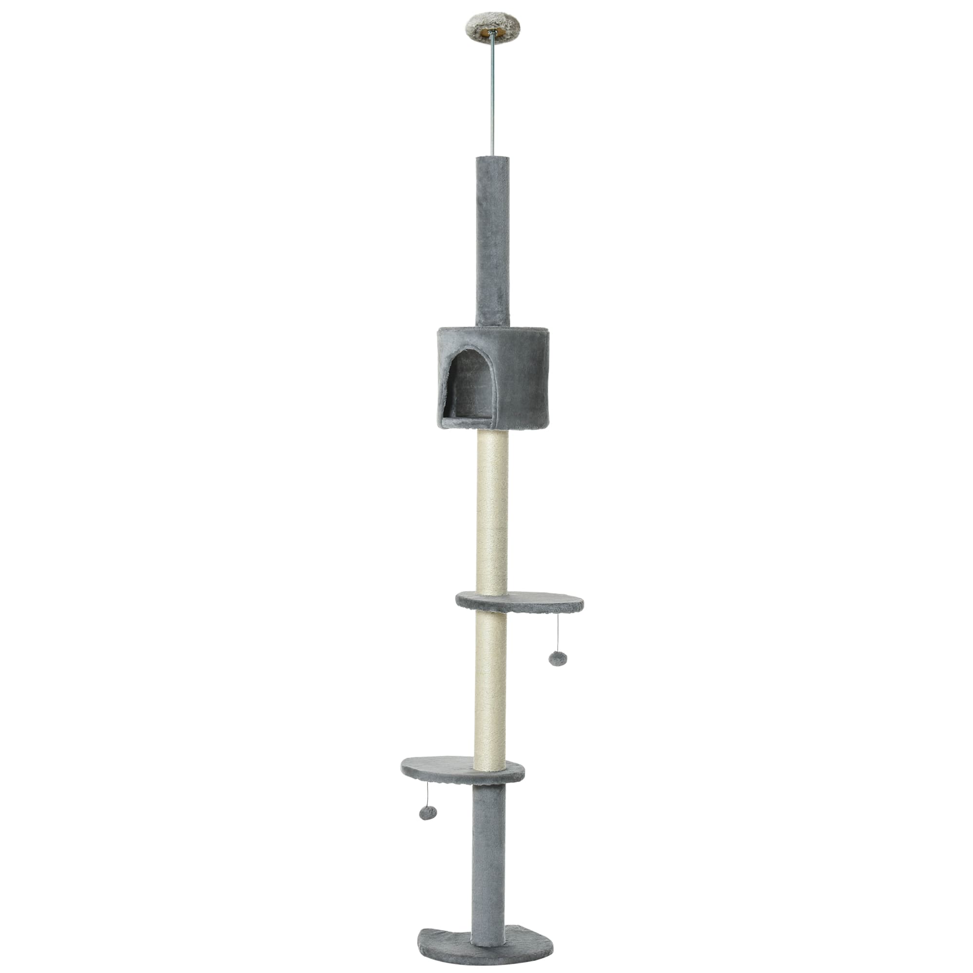 PawHut Multi-Level Cat Tree, Kitten Activity Tower, Condo, Indoor Play House with Scratching Post, Hanging Balls, Light Grey | Aosom UK