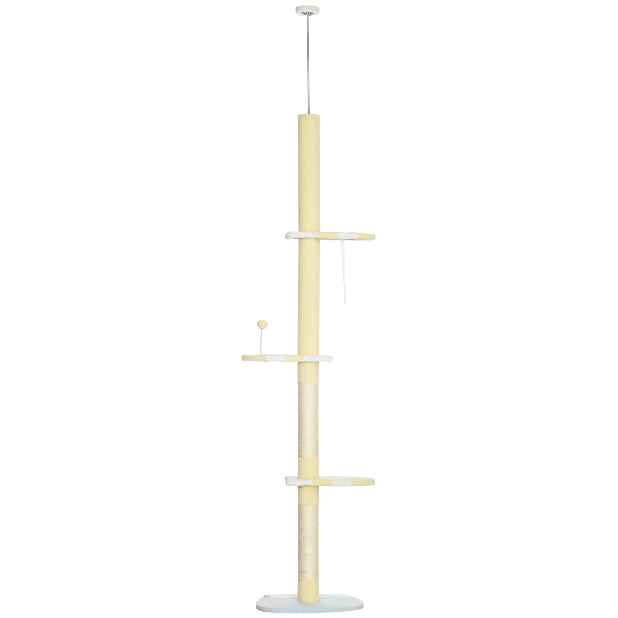 PawHut 260cm Cat Tower Cat Tree, Floor to Ceiling, Height Adjustable with Anti-slip Kit and Fish-shaped Scratching Post Ball, Yellow