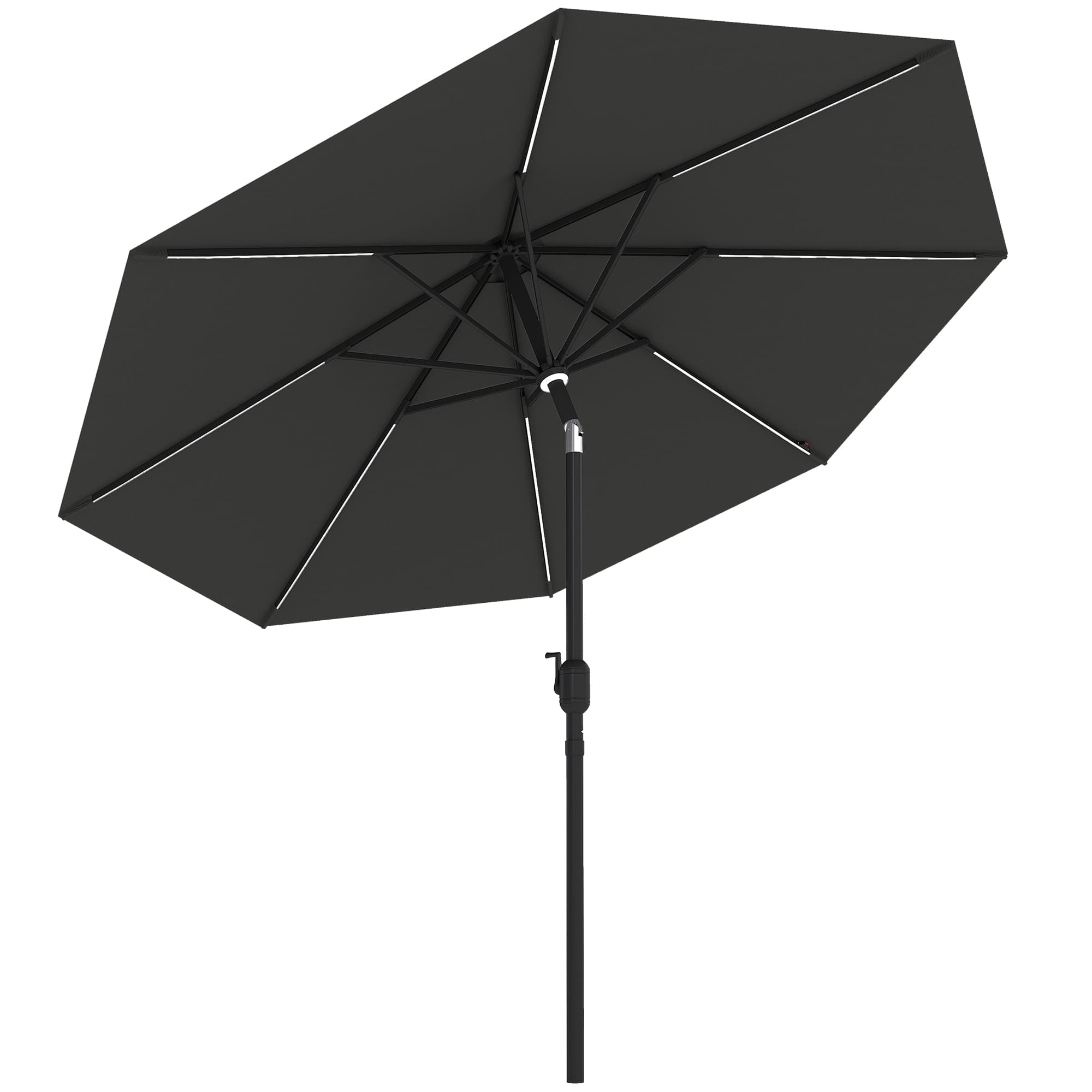 Outsunny 2.7m Garden Parasol Sun Umbrella Patio Summer Shelter w/ LED Solar Light, Angled Canopy Vent, Crank Tilt, Grey | Aosom UK