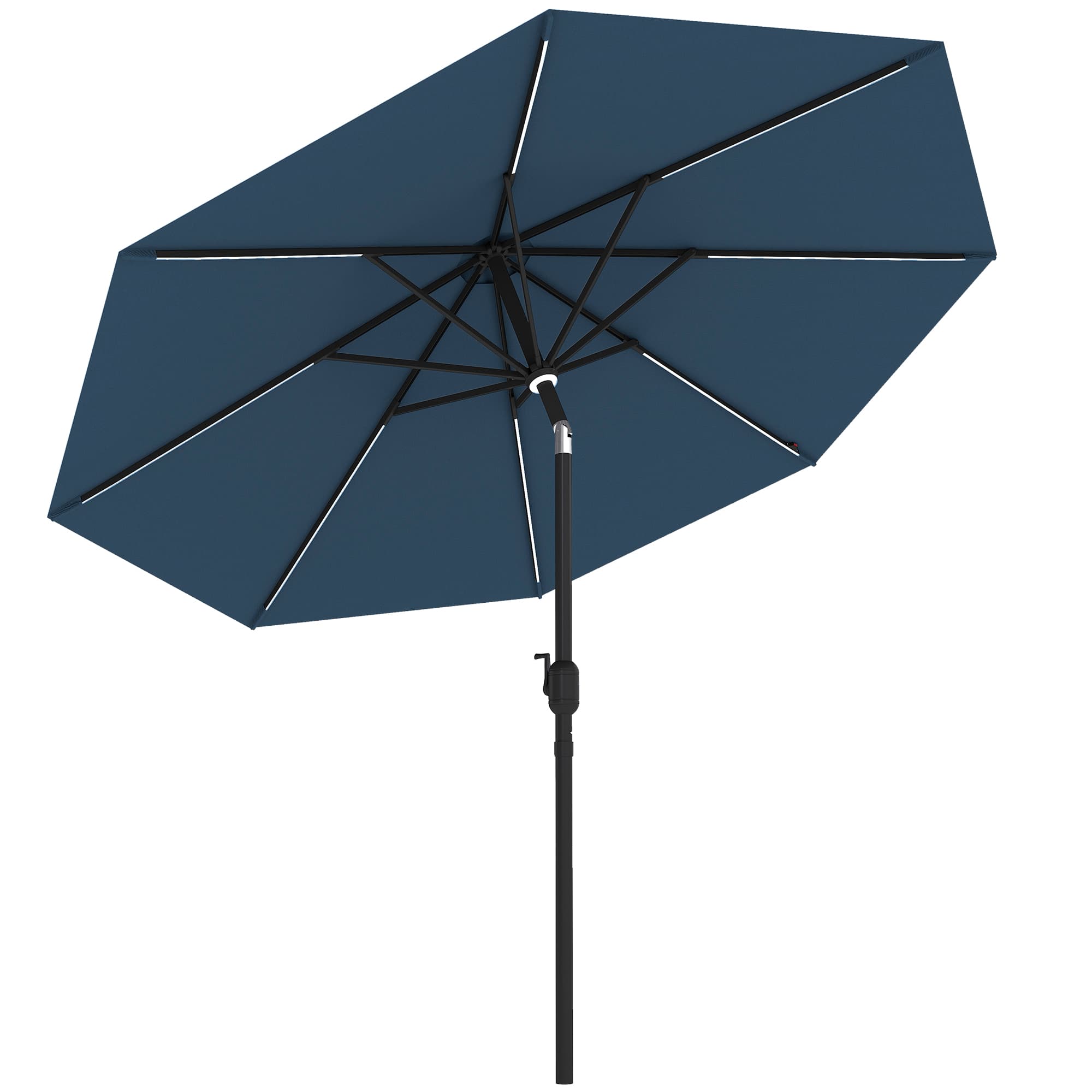Outsunny 2.7m Garden Parasol Sun Umbrella Patio Summer Shelter w/ LED Solar Light, Angled Canopy, Vent, Crank Tilt, Blue
