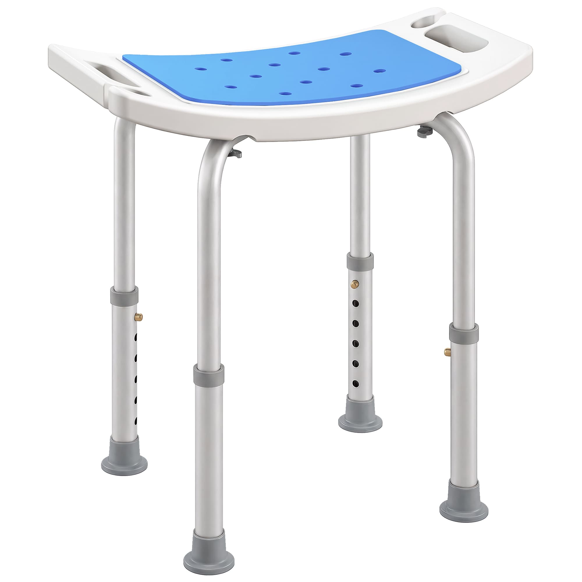 HOMCOM 6-Level Height Adjustable Aluminium Bath Room Stool Chair Shower Non-Slip Design w/ Padded Seat Drainiage Holes Foot Pad - Blue | Aosom UK